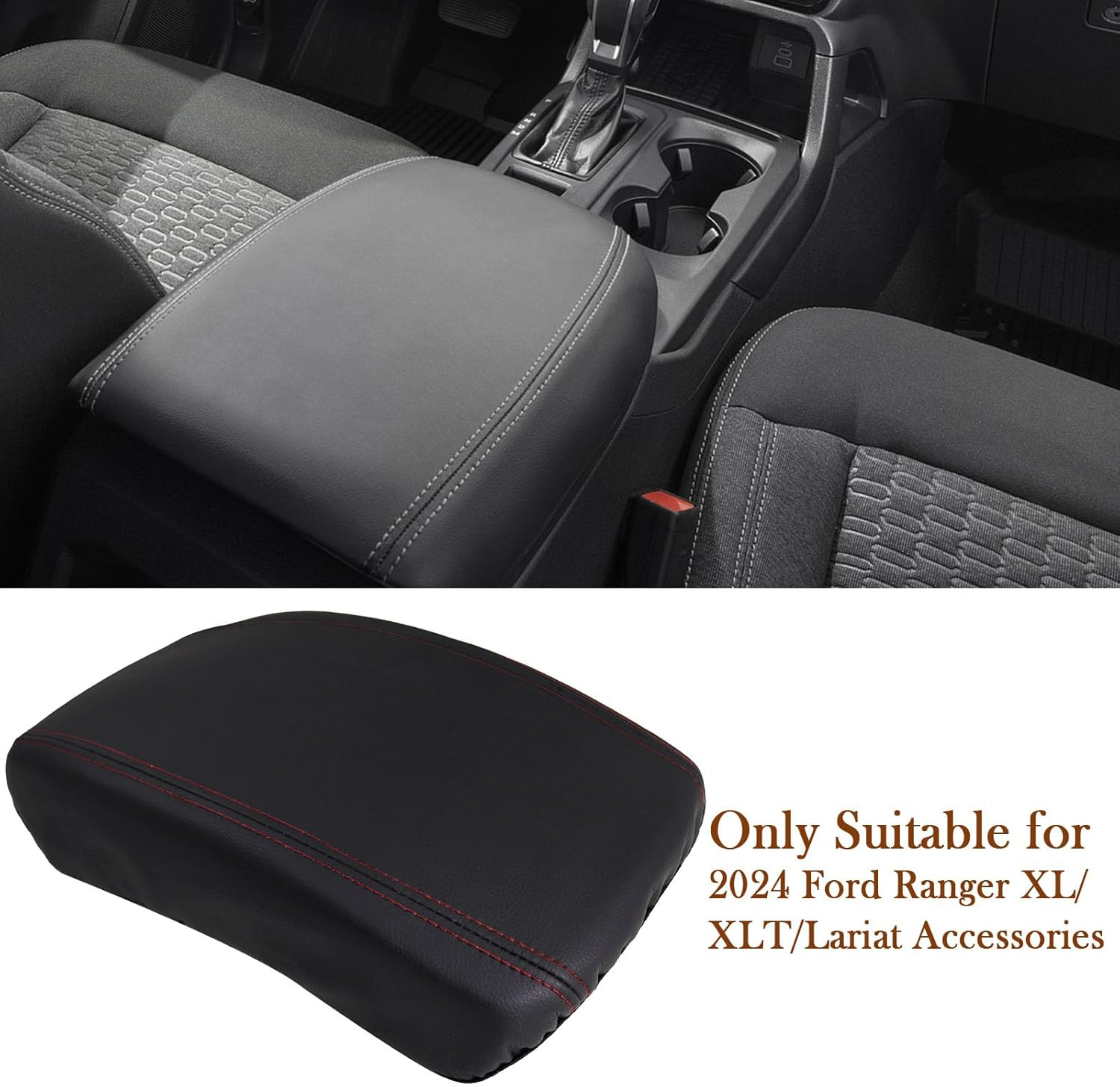Car Armrest Fit 2024 Ranger Armrest Cover for Ford Ranger 2024 Accessories,Leather Center Console Cover Protector Compatible with 2024 Ford Ranger Xl/Xlt/Lariat(Red Stitches) image number 3