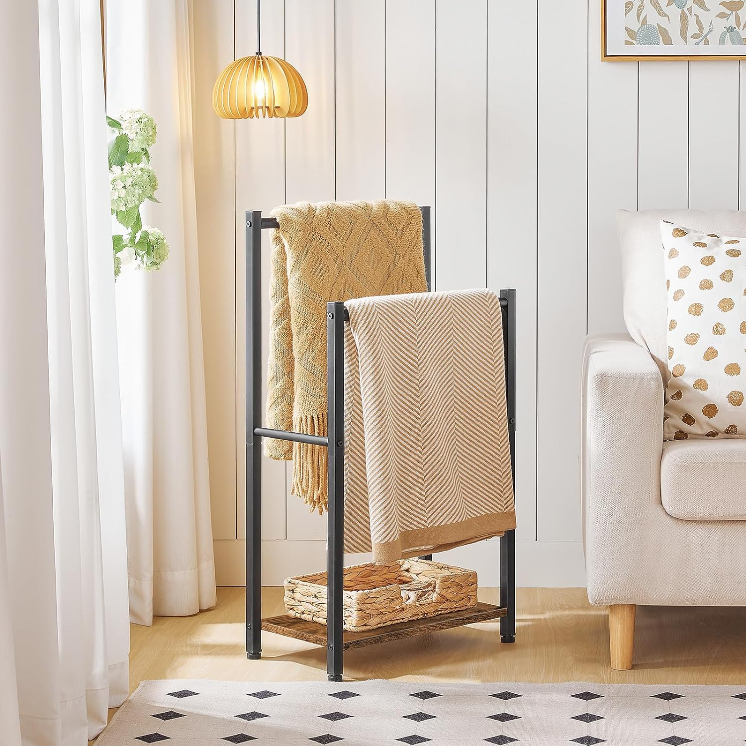 HOOBRO Freestanding Towel Rack, 2 Tier Blanket Ladder Holder for Bathroom, 42 X 24 X 80 Cm, Blanket Rack, Industrial Drying and Display Rack with Shelf, Metal, Rustic Brown and Black BF02LB01 image number 2