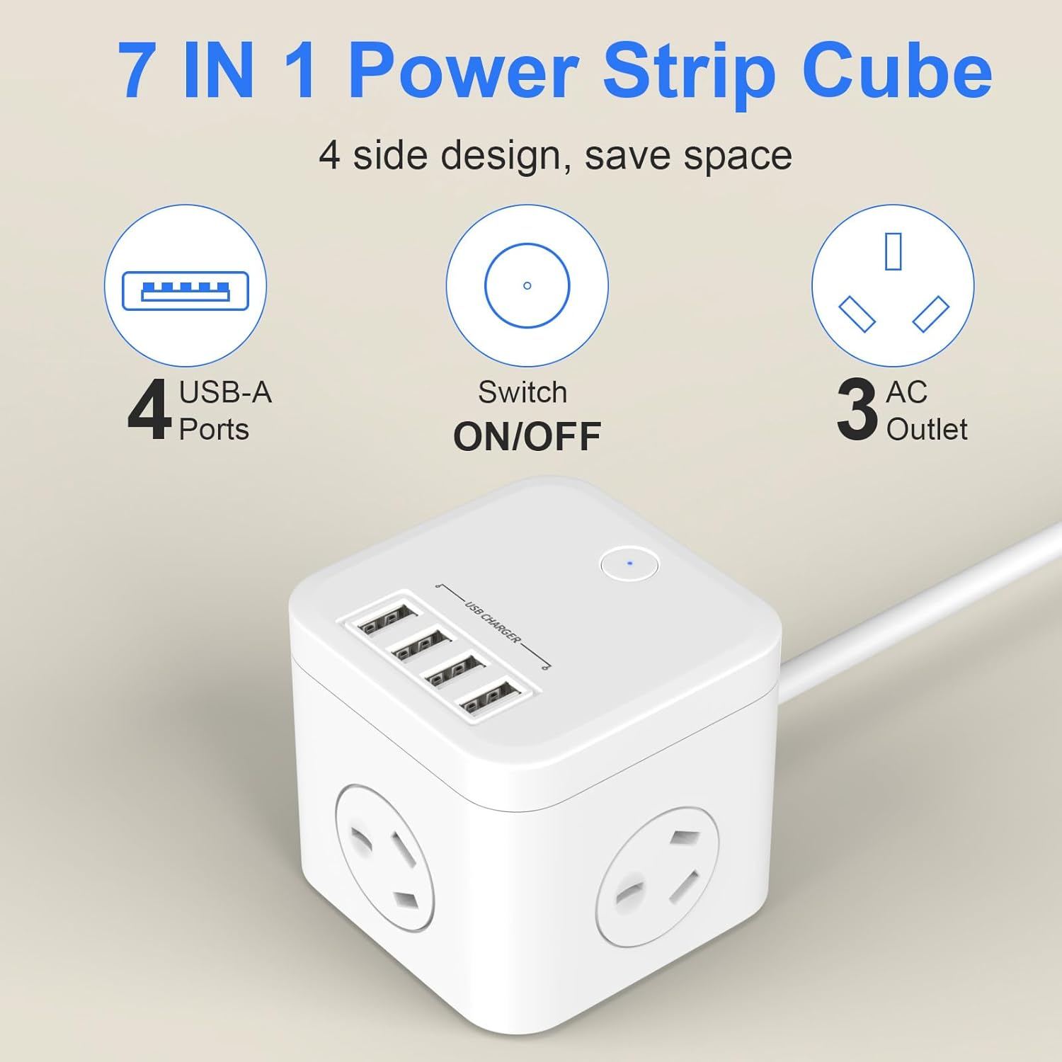 HITRENDS Power Strip with USB, Cube Charging Station,Outlet Extender with 3 AC Outlets, 4 USB-A Power Strip Surge Protector, 1.8M Power Cord, USB Power Board for Household Appliance image number 5