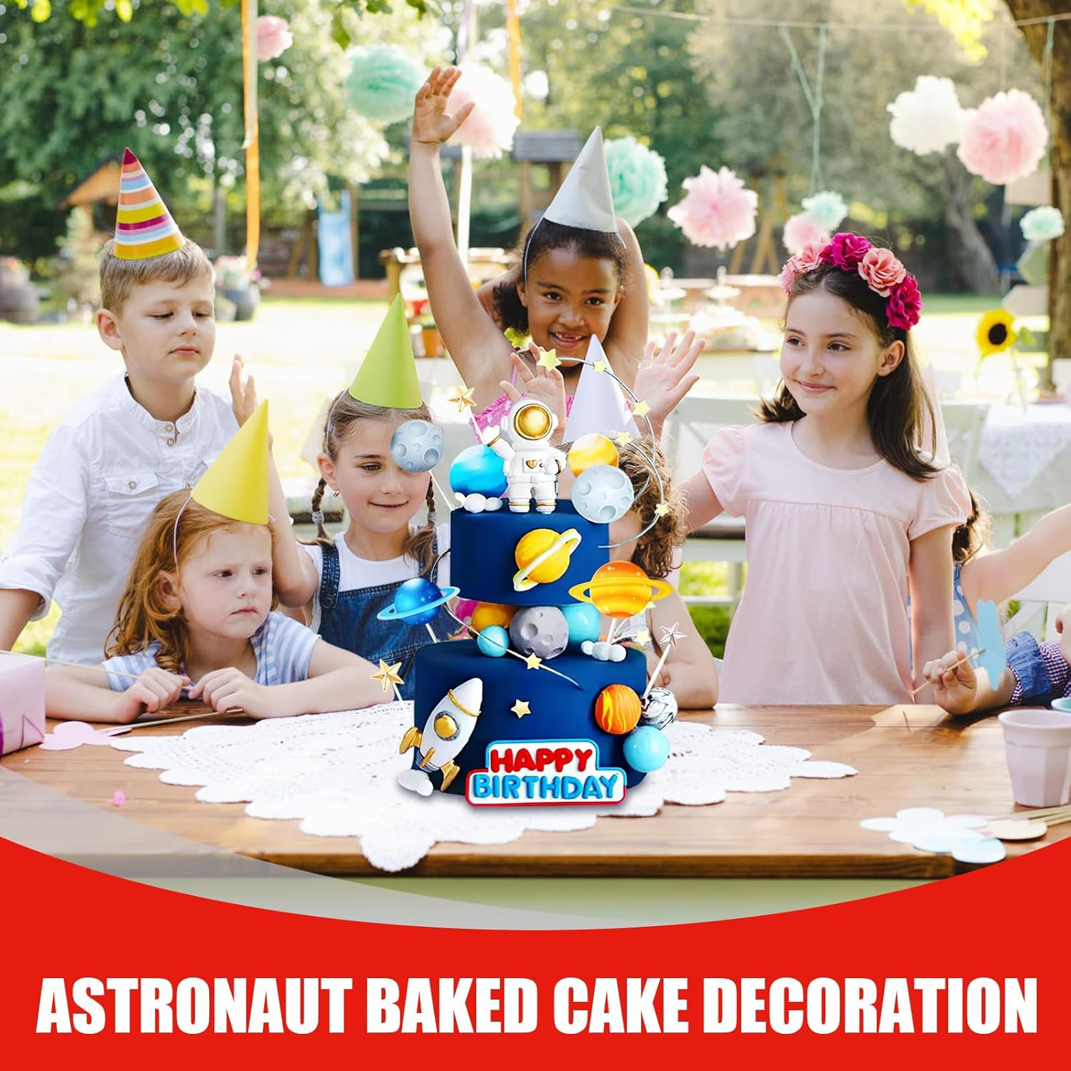 Homiliky Outer Space Cake Topper Set - Astronaut Rocket Stars Cake Decorations for First Birthday, Baby Shower & Space Themed Party Supplies (24Pcs)