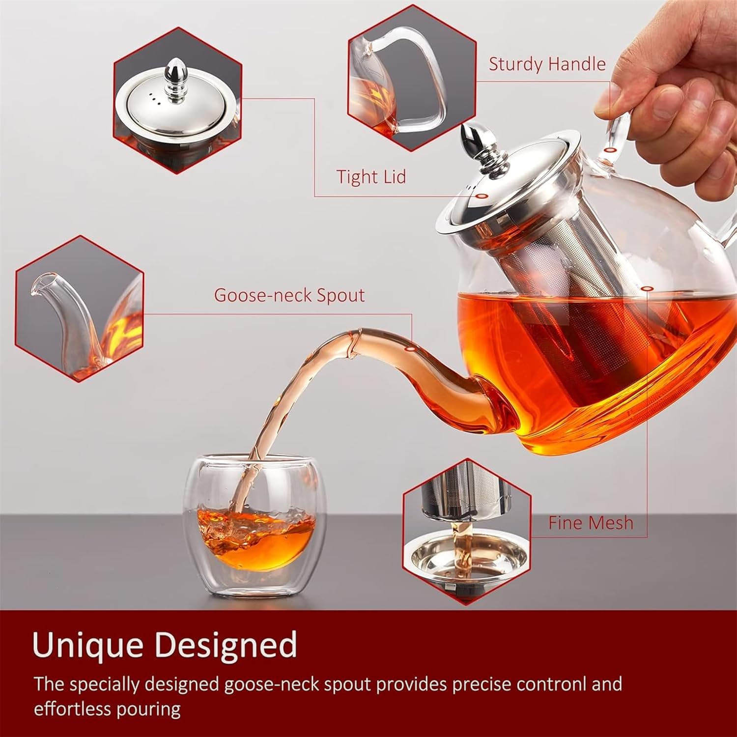 1200Ml Glass Teapot, 40Oz Stovetop Safe Tea Steeper Glass Kettle with Removable Stainless Steel Infuser for Blooming Tea & Loose Leaf Tea image number 5
