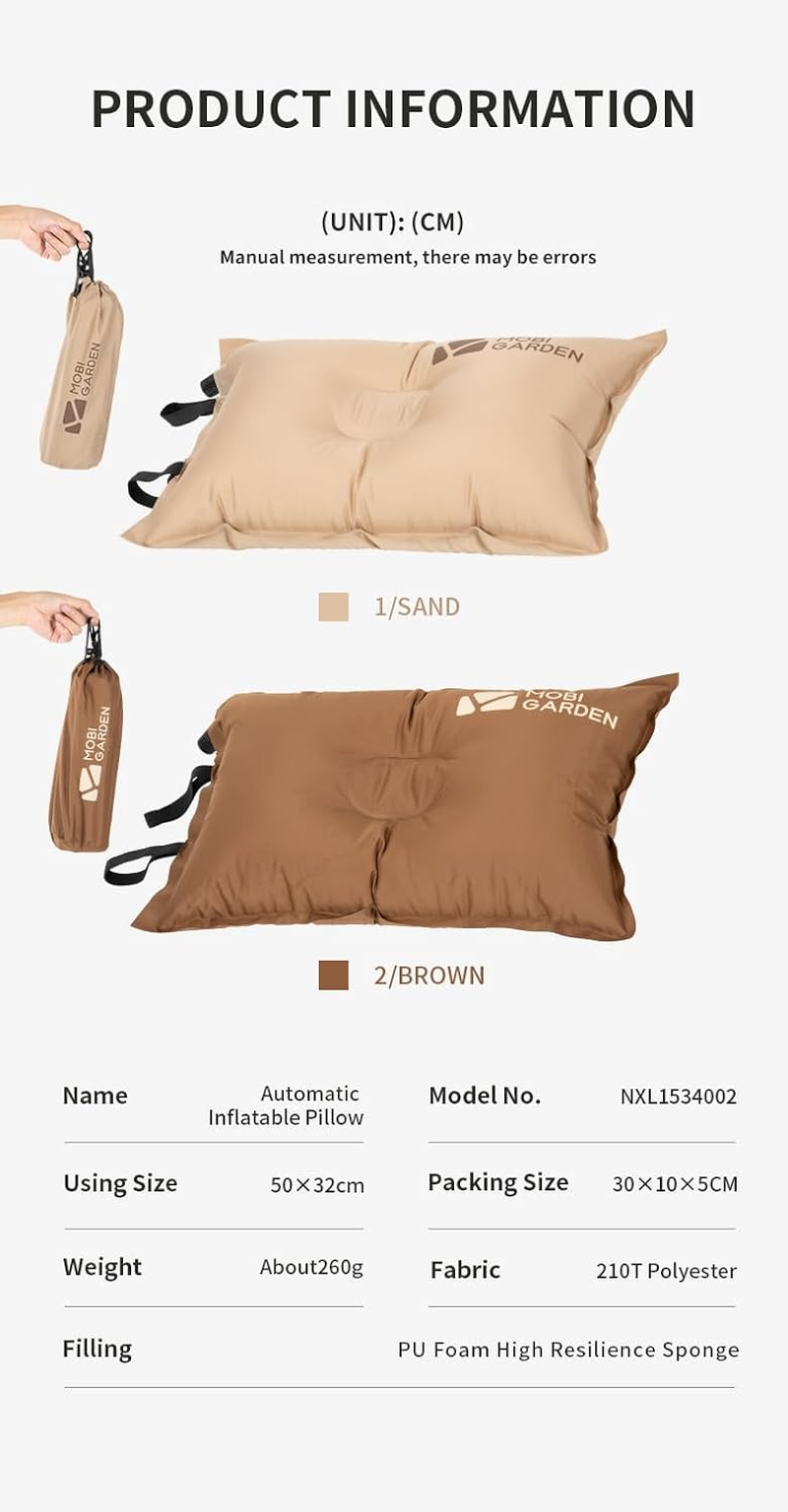 MOBI GARDEN Camping Inflatable Pillow, Automatic Ultralight Sponge, Comfortable Outdoor Travel Sleeping Pillow (Brown) - Beige image number 4