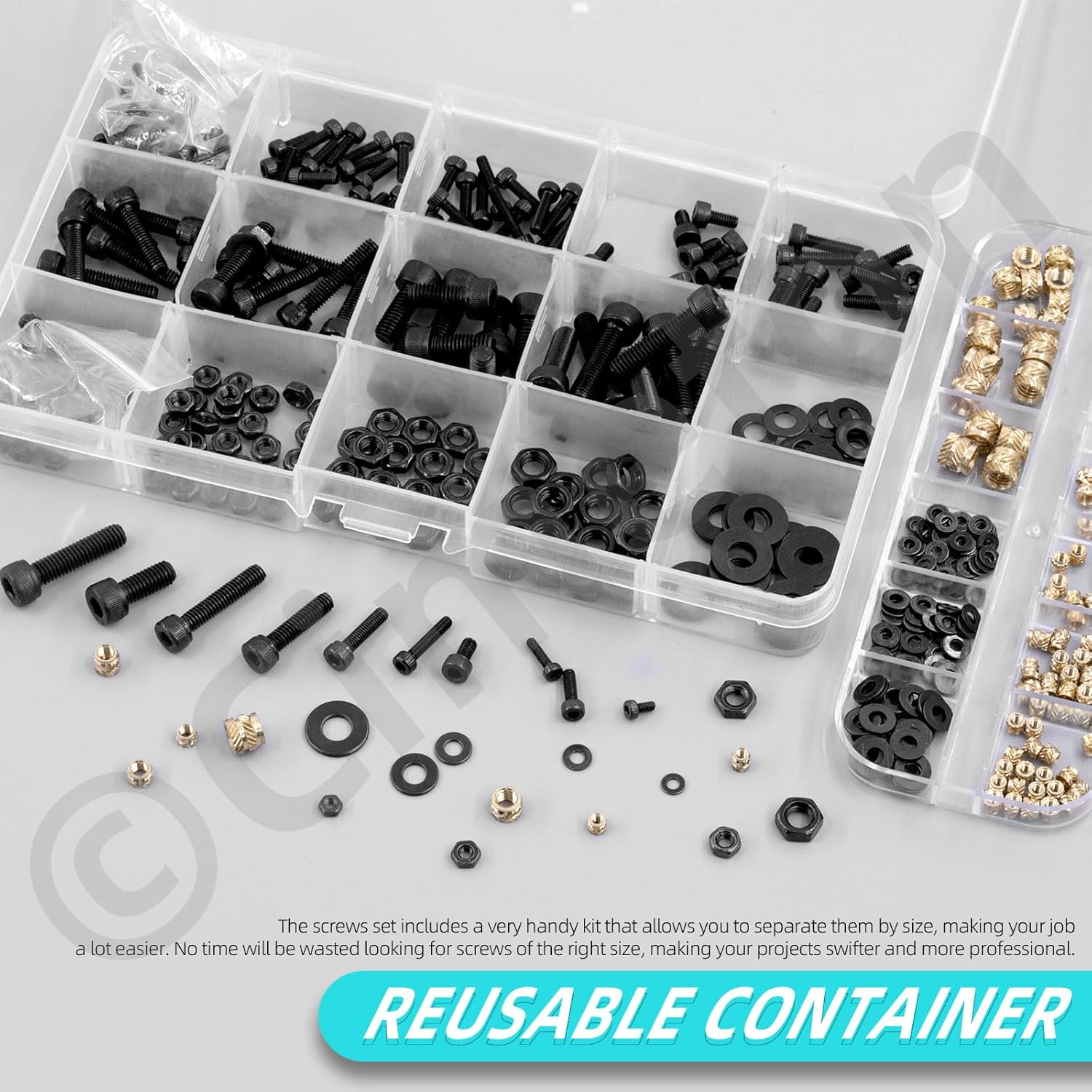 Cimeton 595PCS M2 M2.5 M3 M4 M5 Hex Socket Head Cap Bolts and Brass Knurled Nuts with Hex Wrench and Flat Washers Hex Nuts Assortment Kits Metric Machine Bolts Threaded Inserts for Mechanical Equipment image number 3