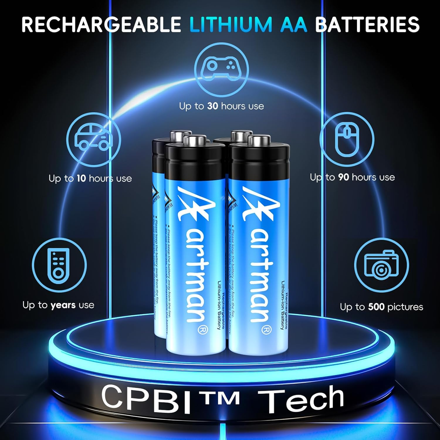 Artman Rechargeable Lithium AA Batteries 12 Pack with 12-Slot Charger, 3600Mwh 1.5V High Power AA Lithium Batteries for Blink Outdoor Camera, Rechargeable Double a Battery with 2000+ Cycles (Black) image number 1