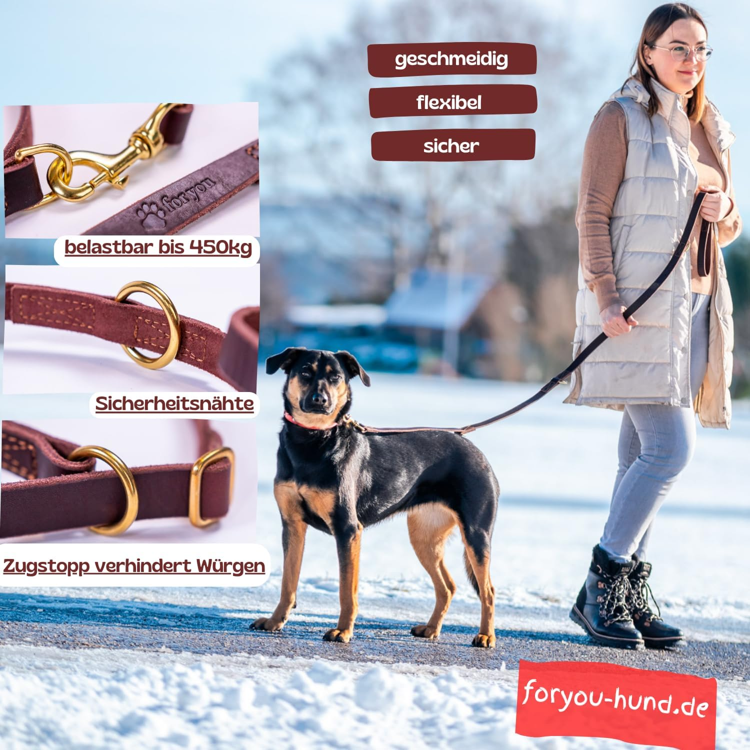 Foryou&reg; Leather Dog Lead with Collar, XS-XXL Neck Circumference, 3 Different Lengths, Real Leather Dog Lead in Premium Quality, 2.0 Cm X 190 Cm