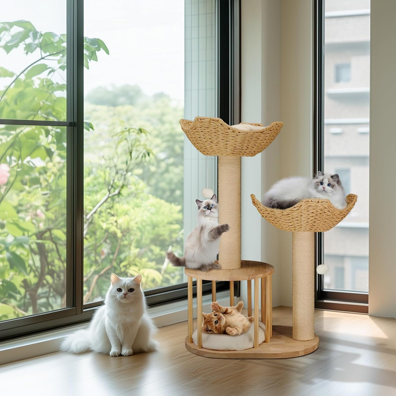 Bingopaw Wooden Cat Tower Tree: 3-Tier Kitten Tree Activity Tower Condo Furniture with Plush Cushion Cozy Rest Dangling Ball Sisal Scratching Post Indoor 60X40X99Hcm image number 5