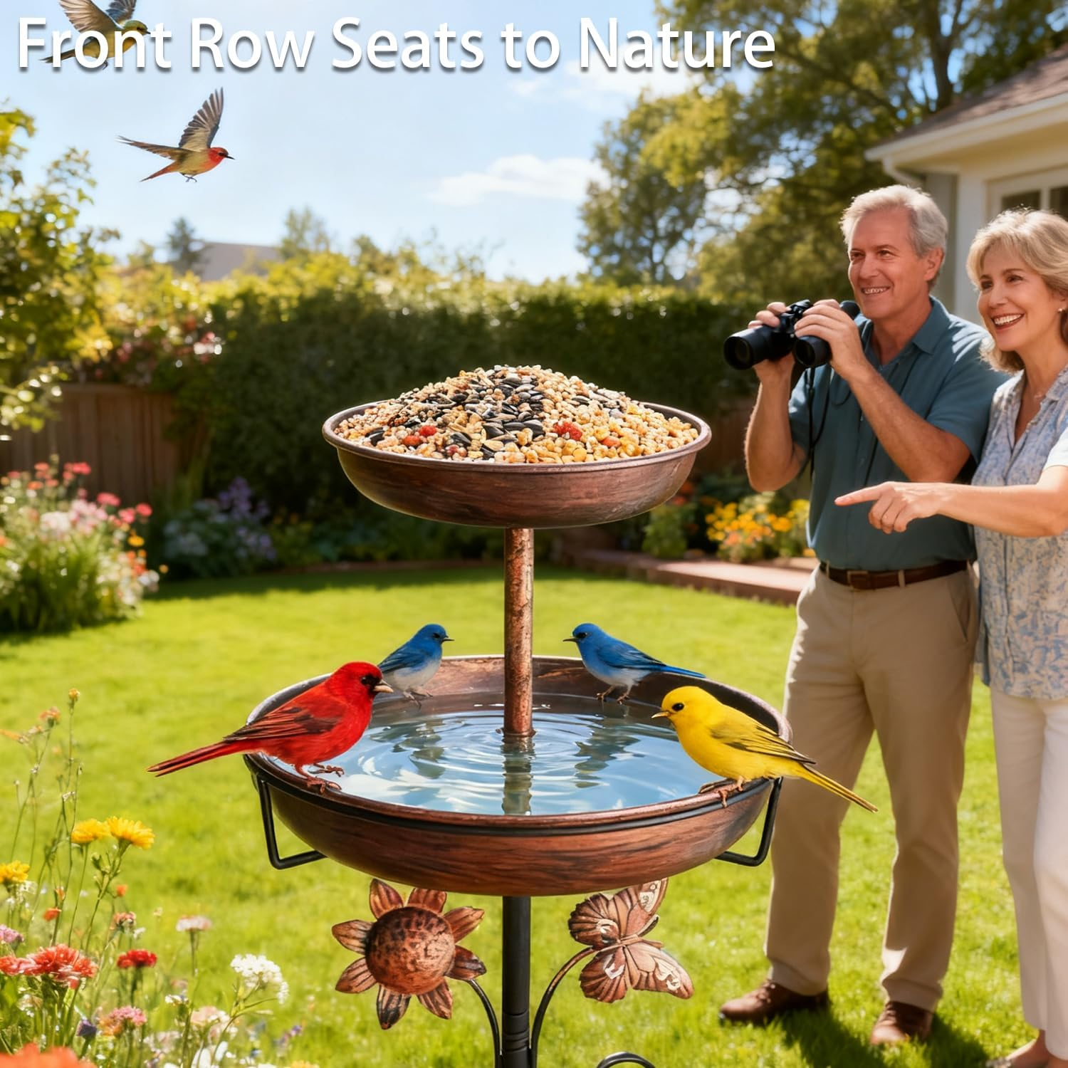 STAVAN 107 Cm (42 Inch) Outdoor Bird Bath, Vintage Style Dual Bowl Bird Bath & Feeder with Sturdy 5-Prong Base, Antique Bronze Freestanding Metal Birdbath for Garden, Patio & Lawn Decor image number 2