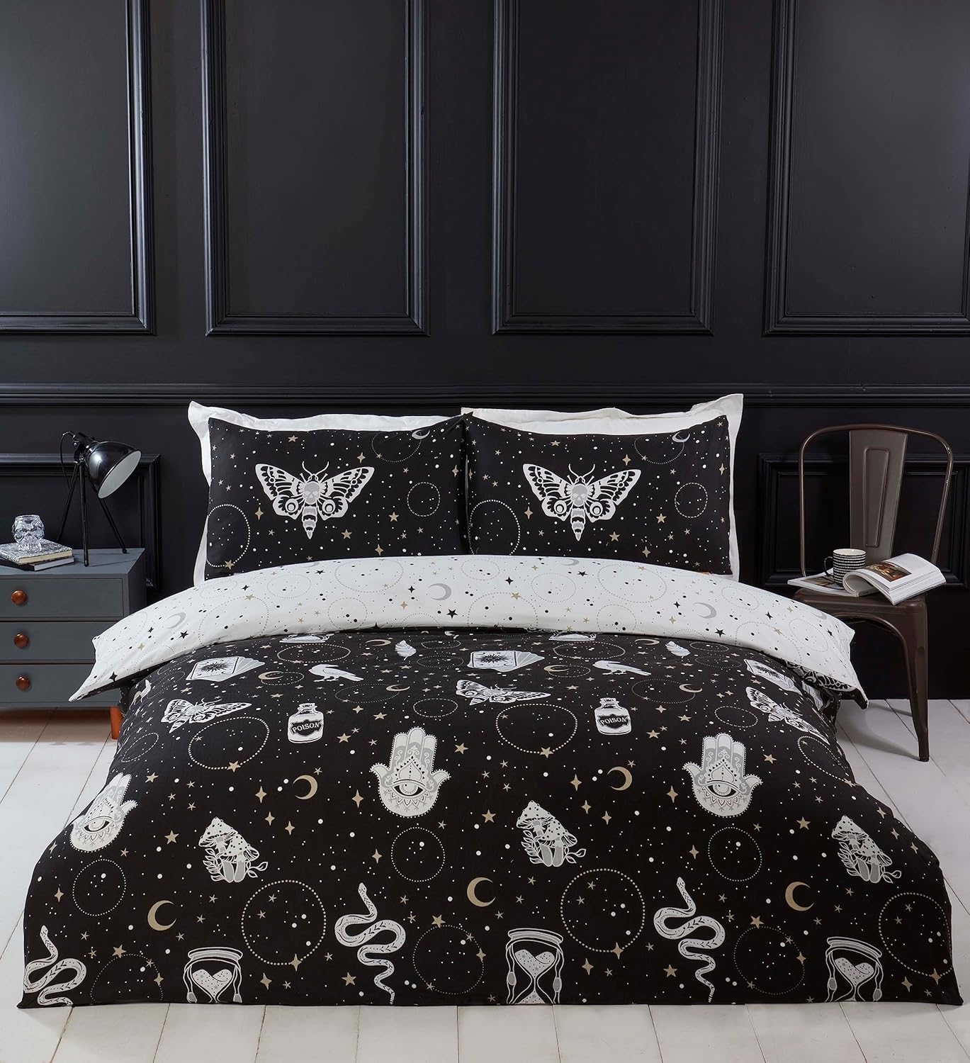 Rapport Home Gothic Magic Microfibre Double Duvet Cover Set, Dark Themed Halloween Bedding Set, Reversible Constellation Duvet Set,Black image number 5