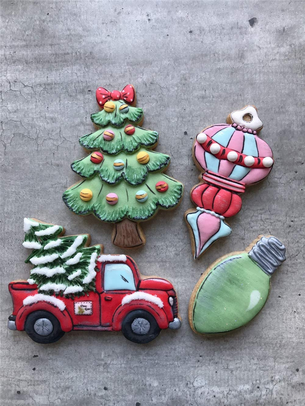 LILIAO Christmas Cookie Cutter Set, 4-Pc, Pickup Truck with Christmas Tree, Christmas Tree, Light Bulb and Christmas Ornament Biscuit Fondant Cutters, Stainless Steel