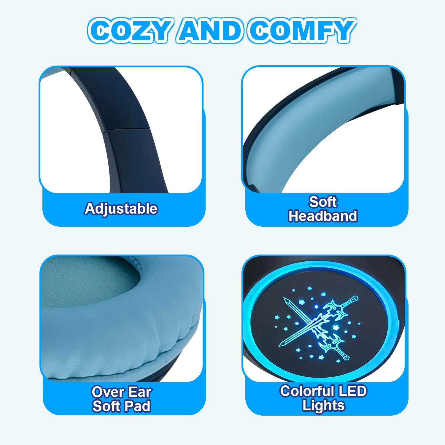 Hisonic Bluetooth Headphones Children, Bluetooth Headphones for Children with Volume Limit, Adjustable Children Adults Headset for Boys and Girls from 3 Years (LED Black) image number 1