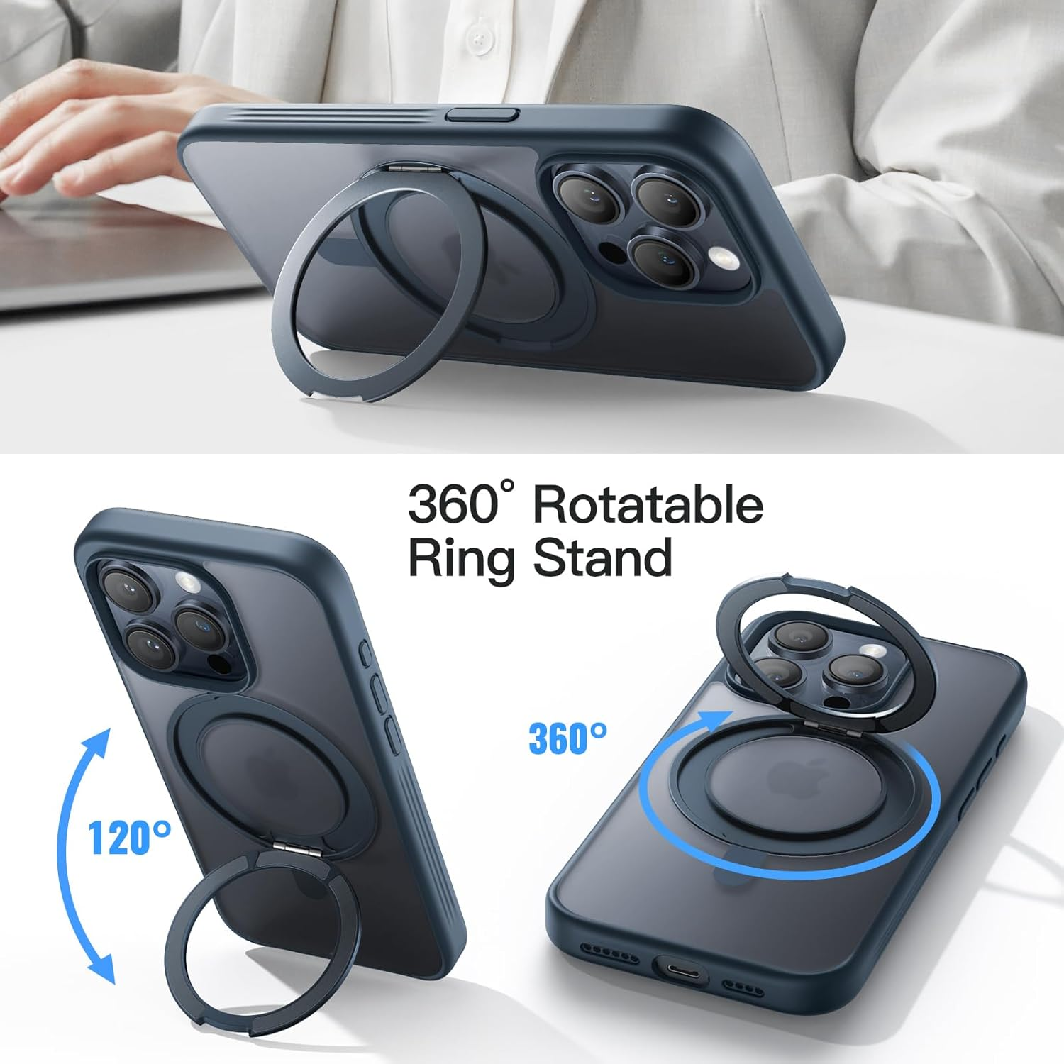 Jetech 360 Degree Rotatable Ring Case for Iphone 15 Pro Max 6.7-Inch Compatible with Magsafe, Slim Shockproof Phone Cover with Stand & Ring Holder (Blue Titanium) - Blue Titanium image number 4