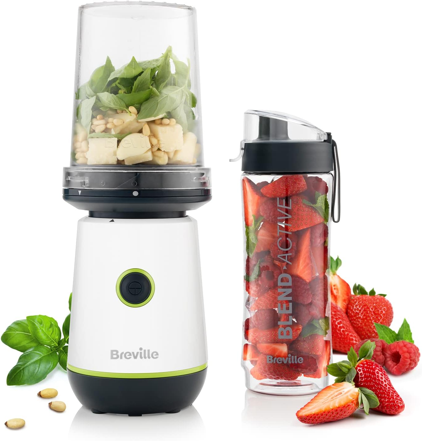 Breville Blend Active Personal Blender & Smoothie Maker | 350W | Family Pack | 4 Portable Blend Active Bottles (300Ml | 600Ml) | Leak Proof Lids | White & Green [VBL252]