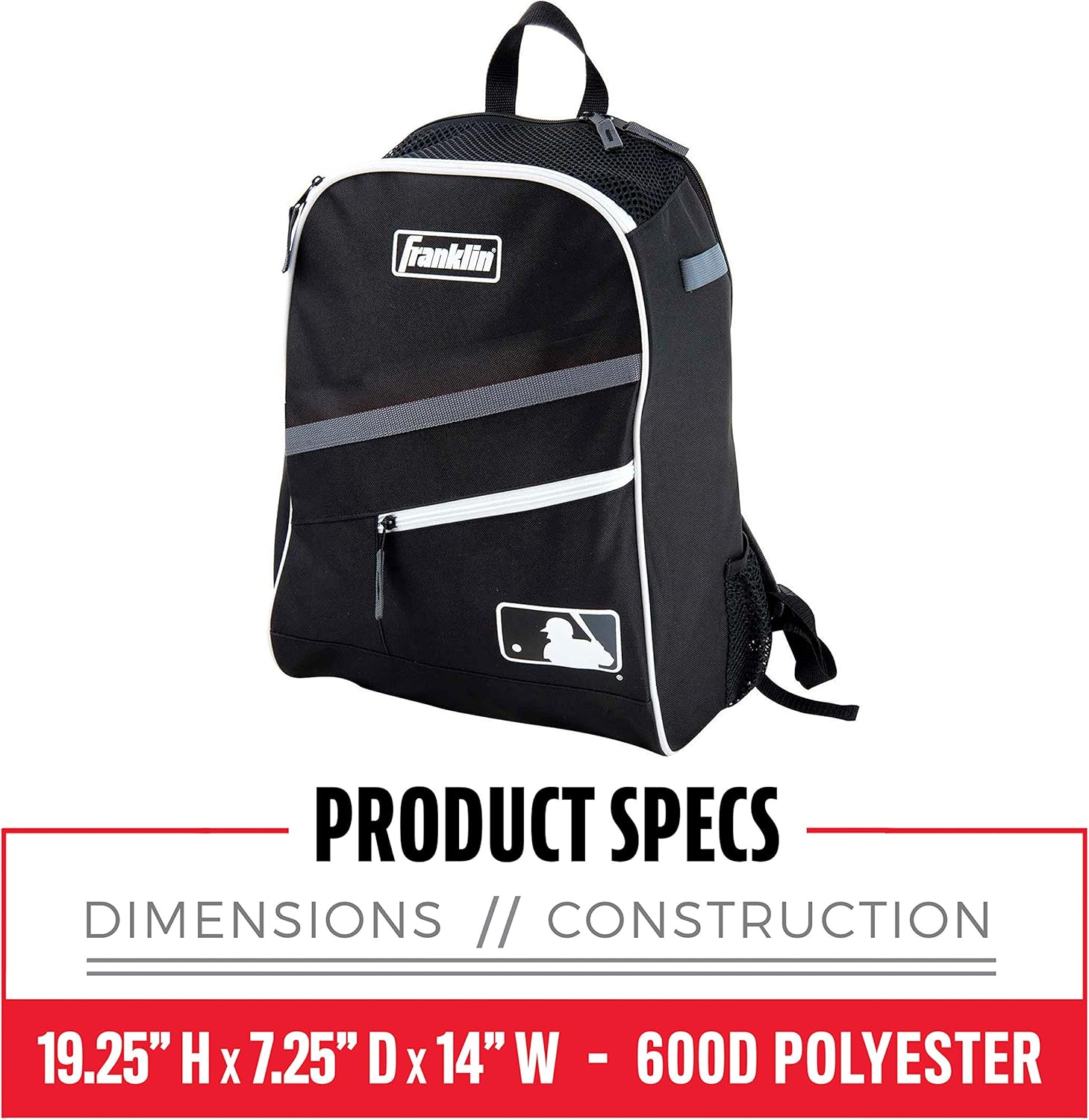 Franklin Sports Kids MLB Baseball Batpack Bag - Youth Baseball, Softball + Teeball Backpack - Sports Equipment Bag for Kids + Toddlers - Holds (2) Teeball + Baseball Bats + Includes Fence Hook - Black/Gray/White image number 2