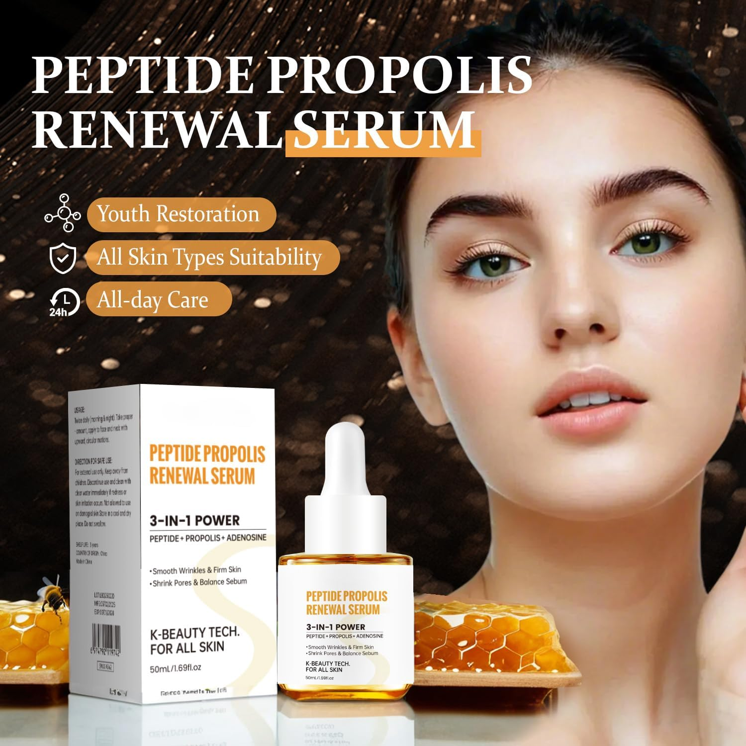 Peptide Propolis Renewal Serum 3-In-1 Power Anti-Wrinkle Firming Shrink Pores Balance Sebum Suitable for All Skin Types 50Ml image number 5