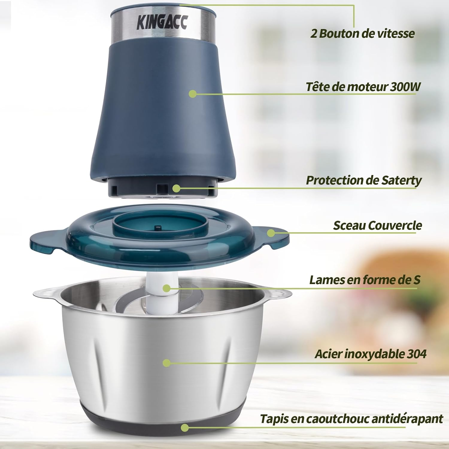 Electric Chopper, 300W Blender Chopper 2L with Copper Motor & Stainless Steel Bowls, 4 Removable Blades, 2 Adjustable Speeds Food Processor for Meat/Vegetables/Fruits/Kitchen