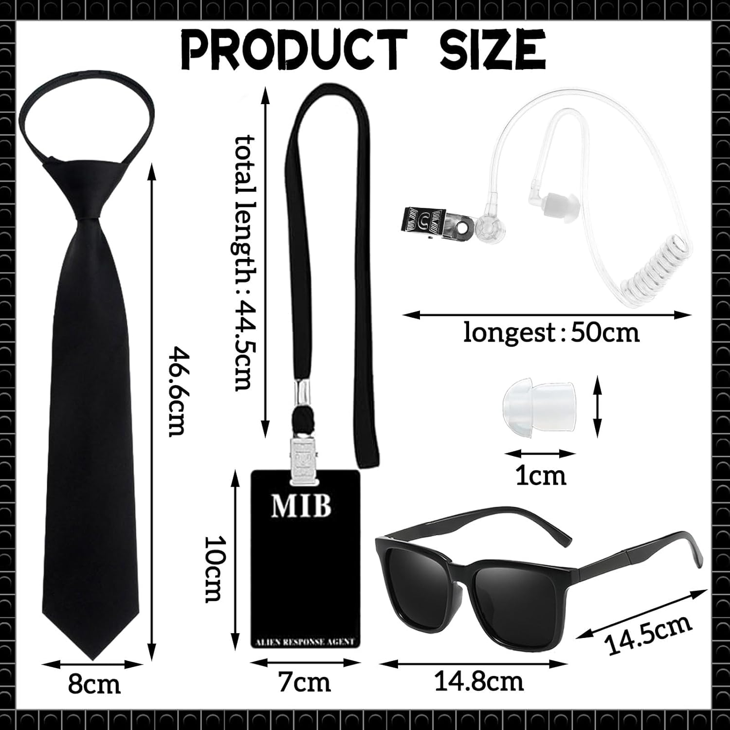 4Pcs Agent Costume Accessories Set, Secret Agent Fancy Dress Kit with ID Card Prop Lanyard Fake Earpiece Ziptie Black Frame Sunglasses for Adults Carnival Halloween Cosplay Dress up Party image number 2