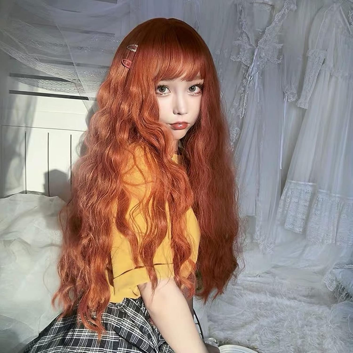 Women Hair Wig, Women Hair Toupee Long Wavy Elastic for Halloween for Female (Dirty Orange) image number 4