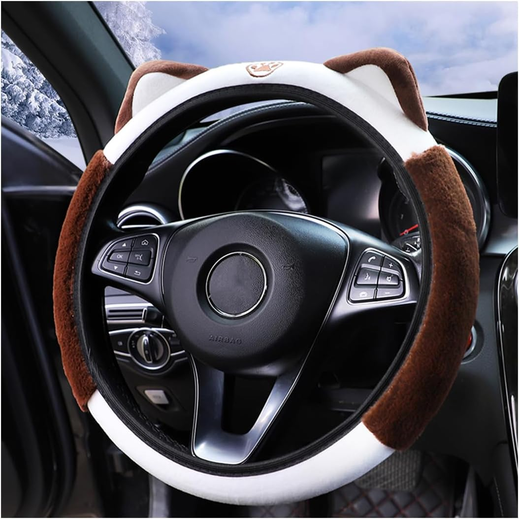 Car Steering Wheel Cover, Fluffy Soft Plush for Winter Warm, Cute Steering Wheel Protector with Kitty Cat Ears, Universal 15 Inch, Elastic & Anti-Slip, Lovely Decor Car Accessories (Black/Red)