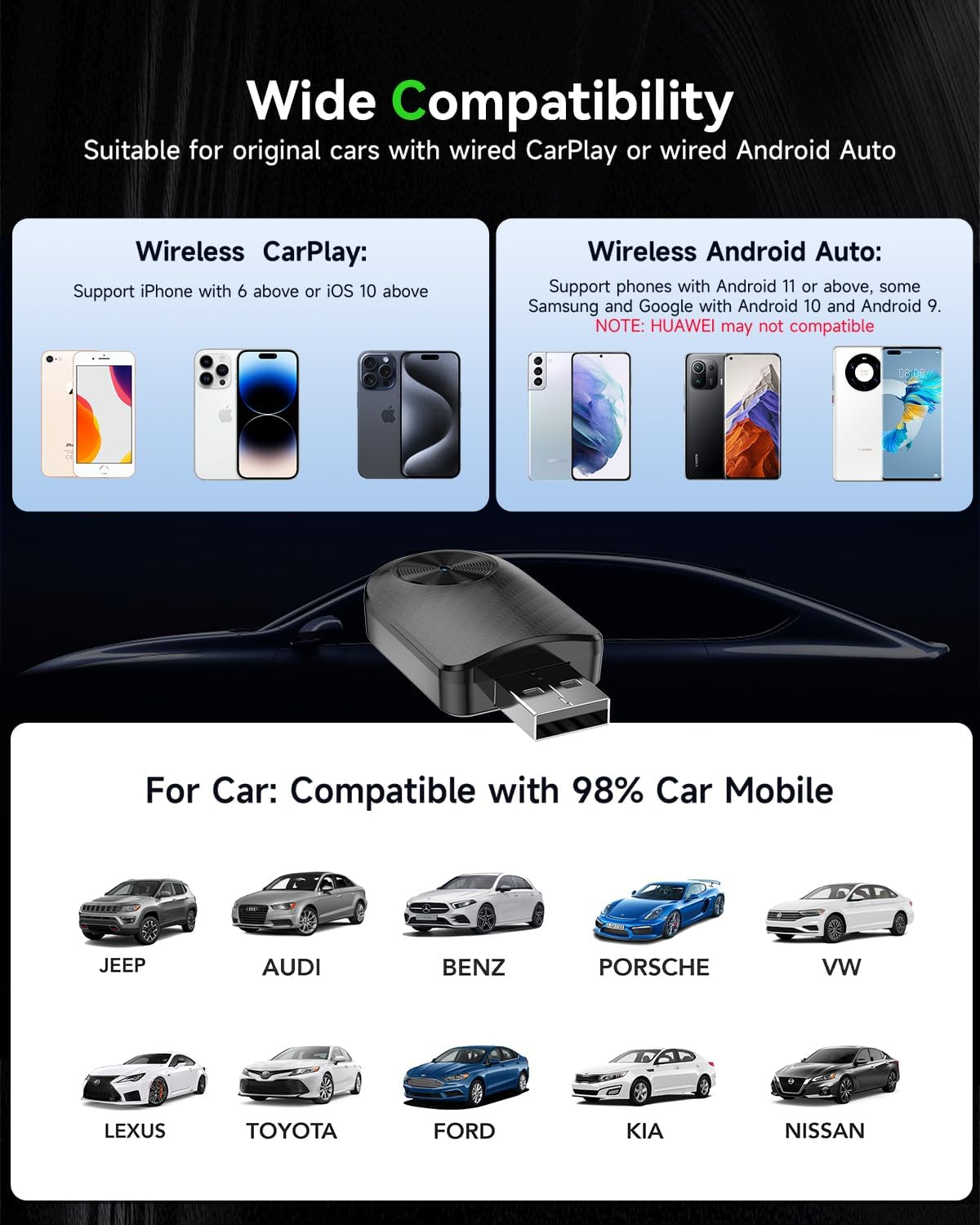 Wireless Carplay Adapter, 2 in 1 Wired Carplay/Android Auto to Wireless Dongle for Iphone & Android, USB A/C Mini Design Fast Stable Connect, Fit 98%+ Cars with Factory Wired Carplay image number 1