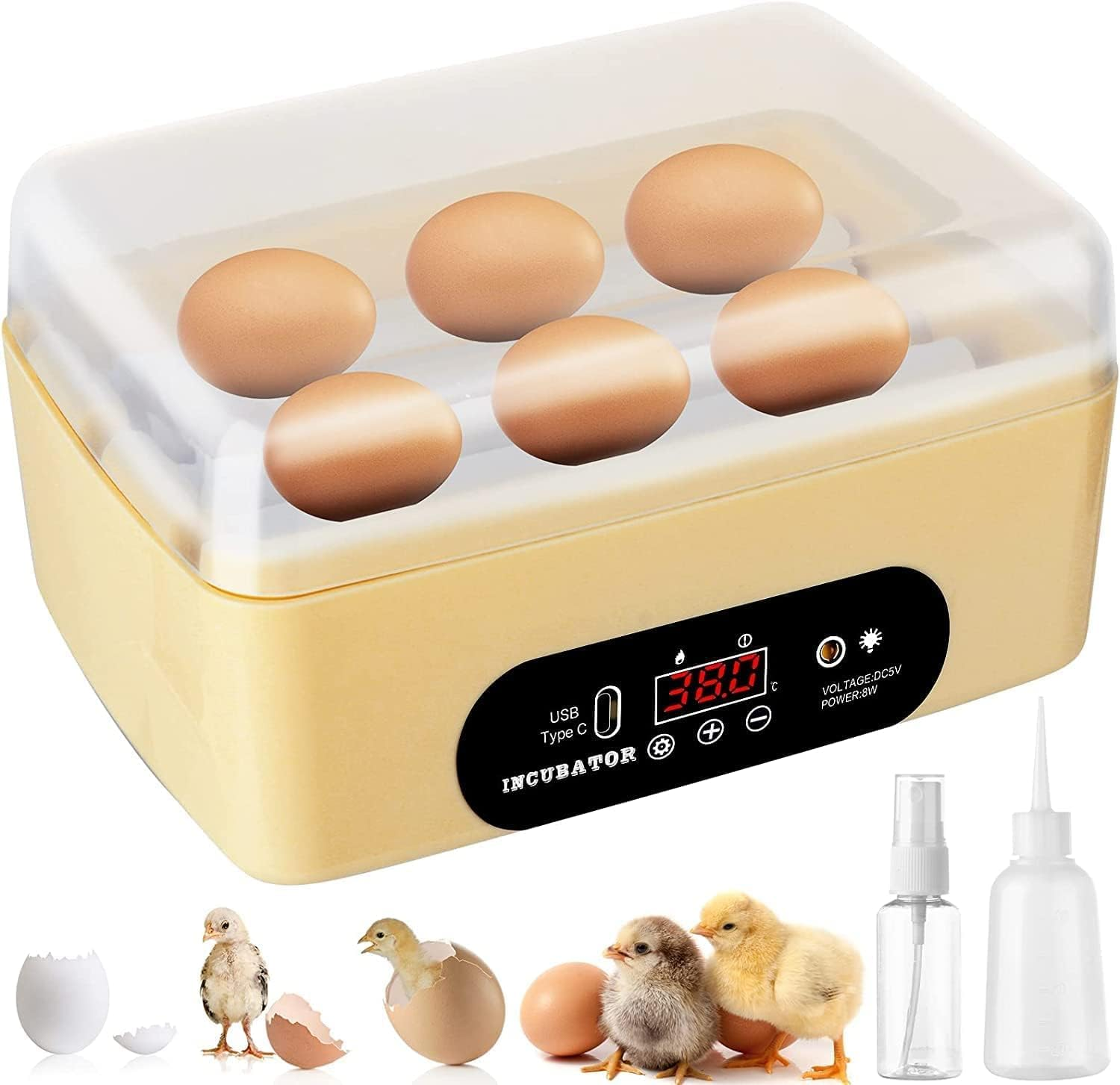 6 Eggs Automatic Digital Hatching Eggs, Egg Incubator Poultry Hatching Machine with Humidity Control Hand Water Adding for Hatching Chicken Duck Quail Bird Eggs