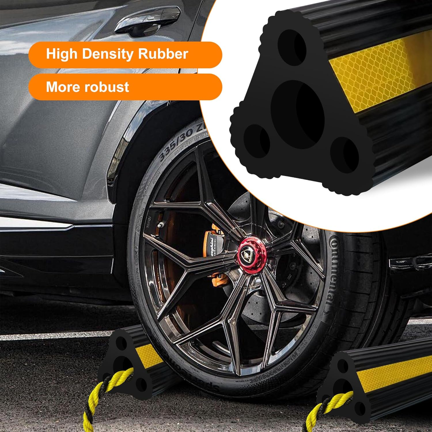 Wheel Chocks [1Pair/2Pack with Rope] for RV Trailer Camper Truck Car, Heavy Duty Rubber Tire Block with Reflective Strips, Non-Slip Base, Camper RV Accessories image number 2