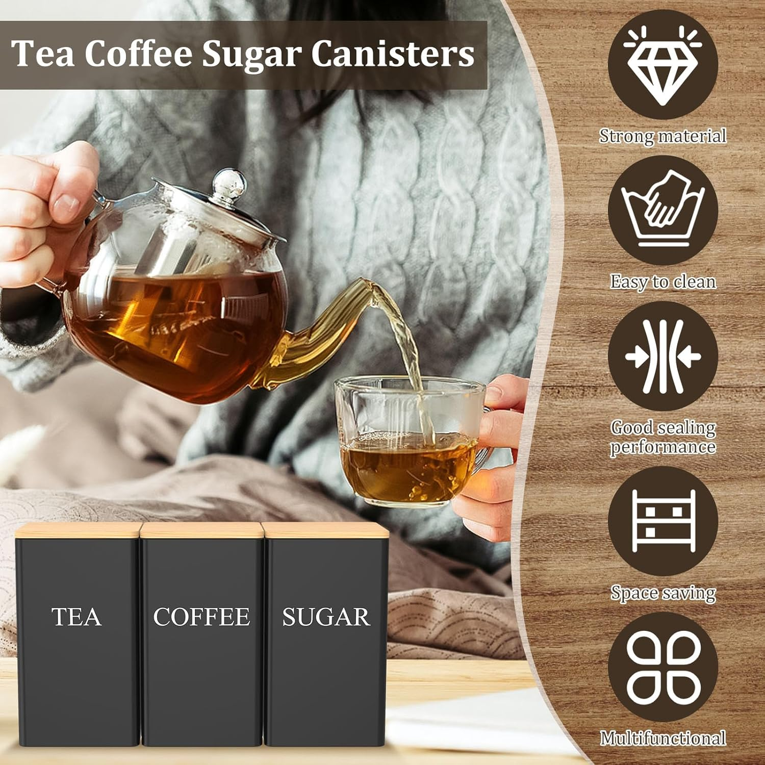 Coffee Sugar Tea Storage Container Set 1000ML Bamboo Lidded Storage Containers for Kitchen Food and Home Storage (Black, Rectangle) image number 1