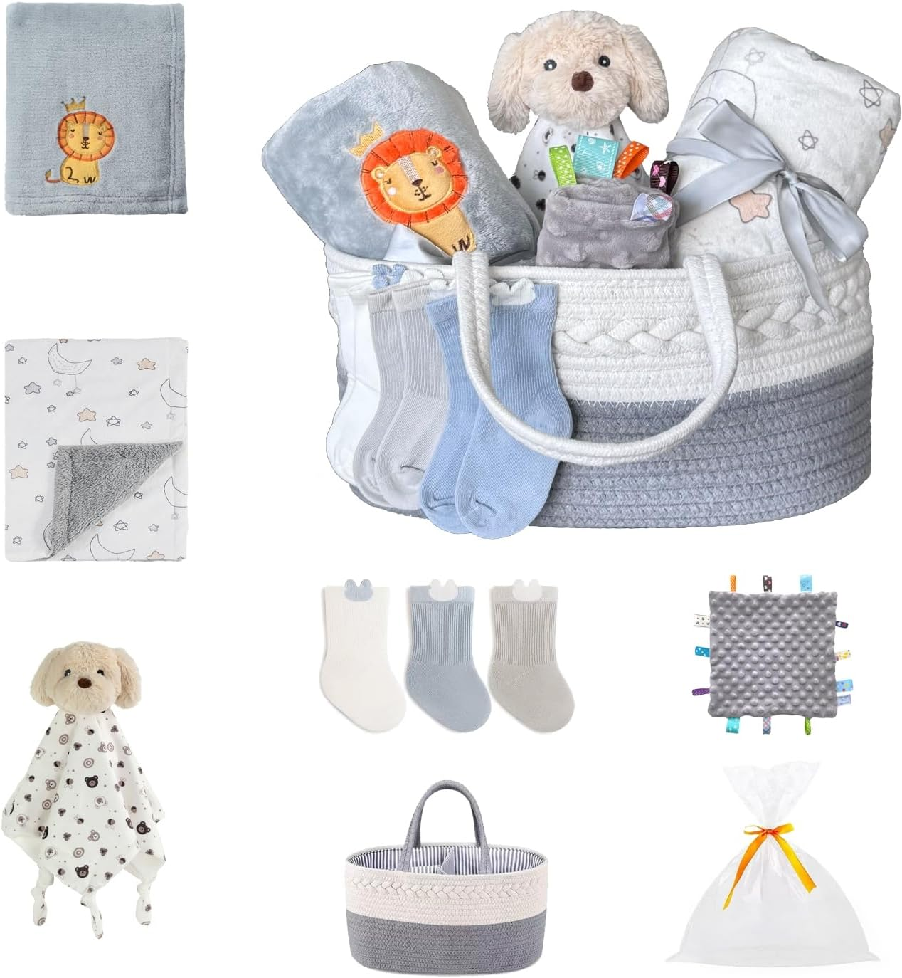 CREVENT Set for Girls -Diaper Caddy Organizer Basket with 2 Blankets, 1 Taggie, 1 Lovey, 3 Socks，1 Headband，1 Gift Bag with Ribbon - Newborn Essential Gift Set (Pink)