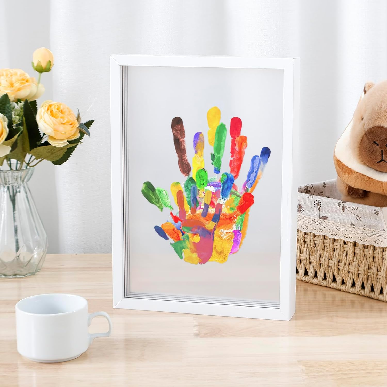 Fxvhojq Clear Family Handprint Kit DIY Handmade Keepsake Wooden Frame with 6 Paints Pen Eraser Paintbrush Non-Marking Nails Newborn Keepsake Baby Handprint and Footprint Kit for Newborn image number 4