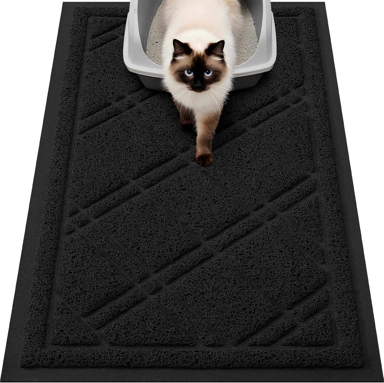 Smiry Cat Litter Box Mat 30X17, Non-Slip Water Resistant Litter Trapping Mat, Easy Clean Less Waste and Urine-Locking Cat Carpet for Indoor, Black image number 5