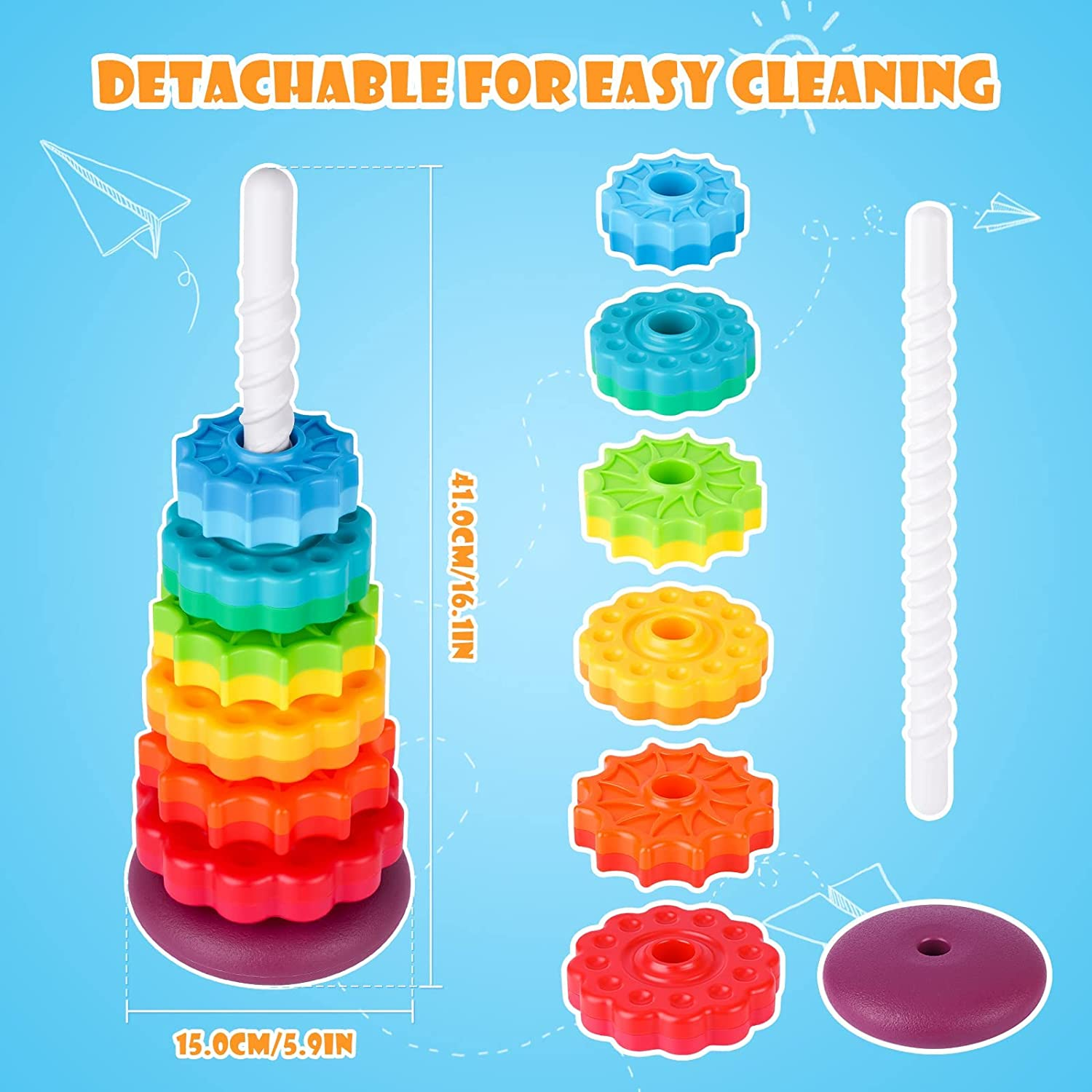 Rainbow Tower Spinning Wheel Stacking Toy image number 3