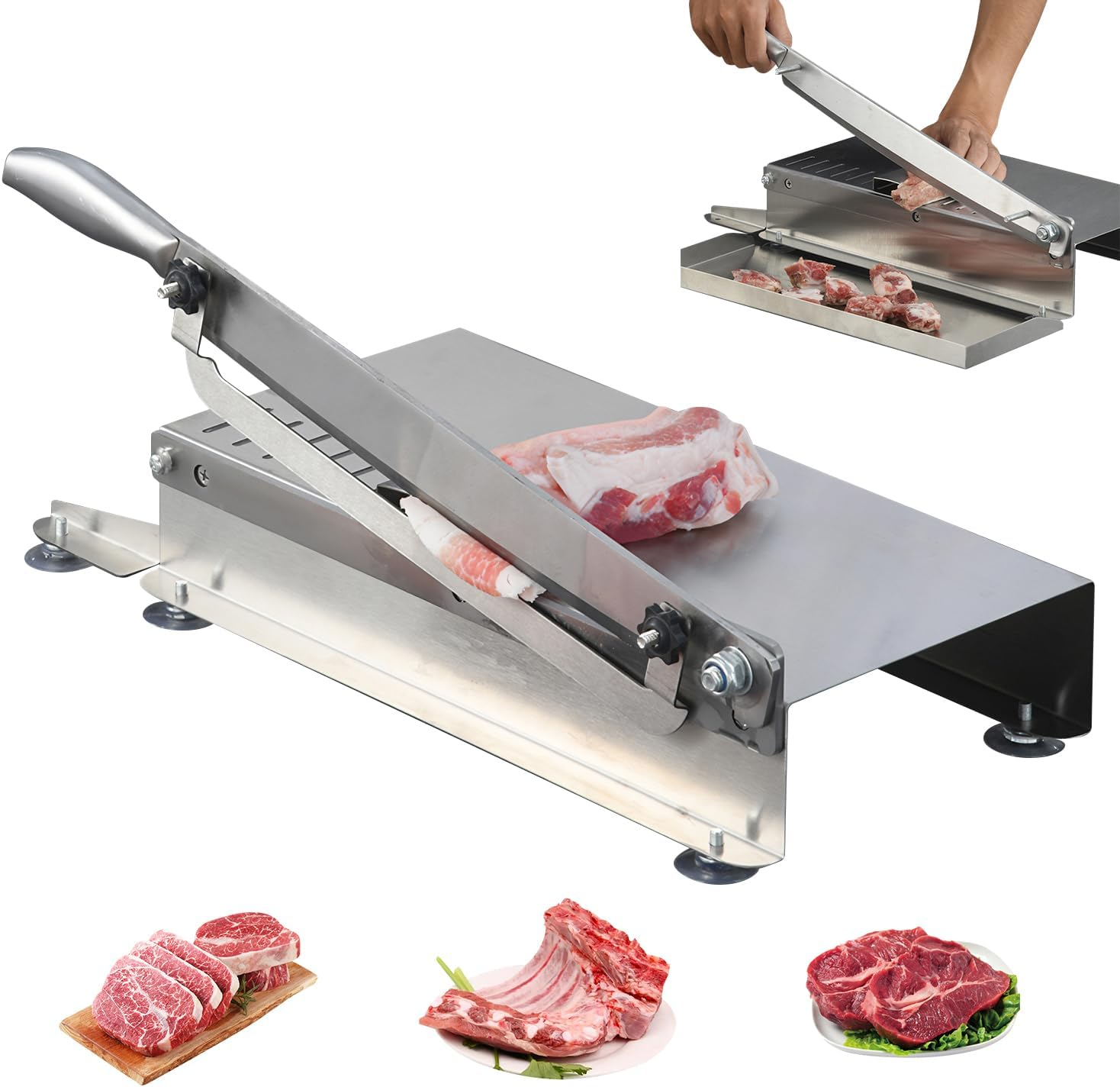 HOOMFIT Manual Bone Meat Cutter, Adjustable Stainless Steel Bone Saw Machine with Stopper and Non-Slip Pads, Frozen Meat Cutter for Cutting Ribs Fish Chicken Beef Duck (Small Size)