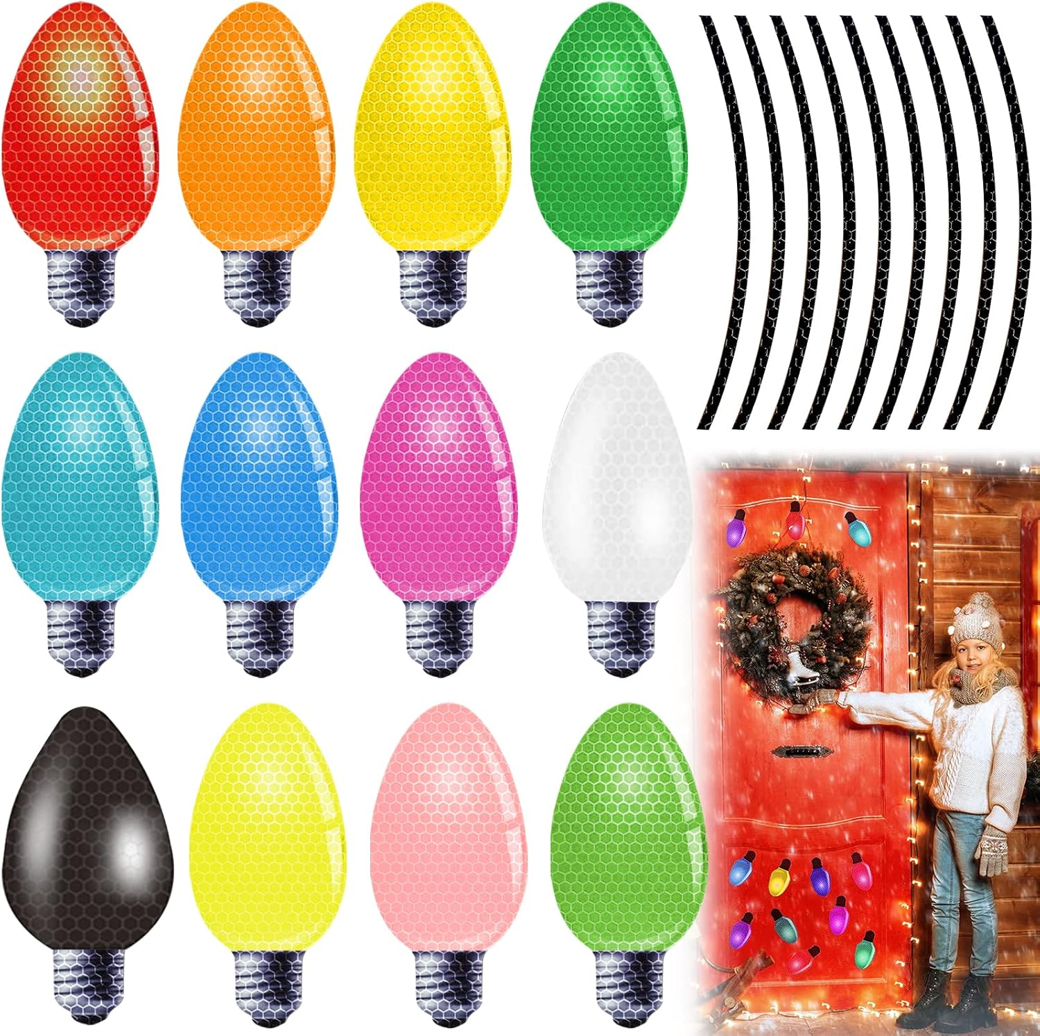 Christmas Car Magnets Lights Stickers, Reflective Car Magnet, Christmas Lights Bulb Magnet Set, Christmas Reflective Car Magnets Set for Xmas Holiday Birthday Cars Mailbox Window Decoration image number 5