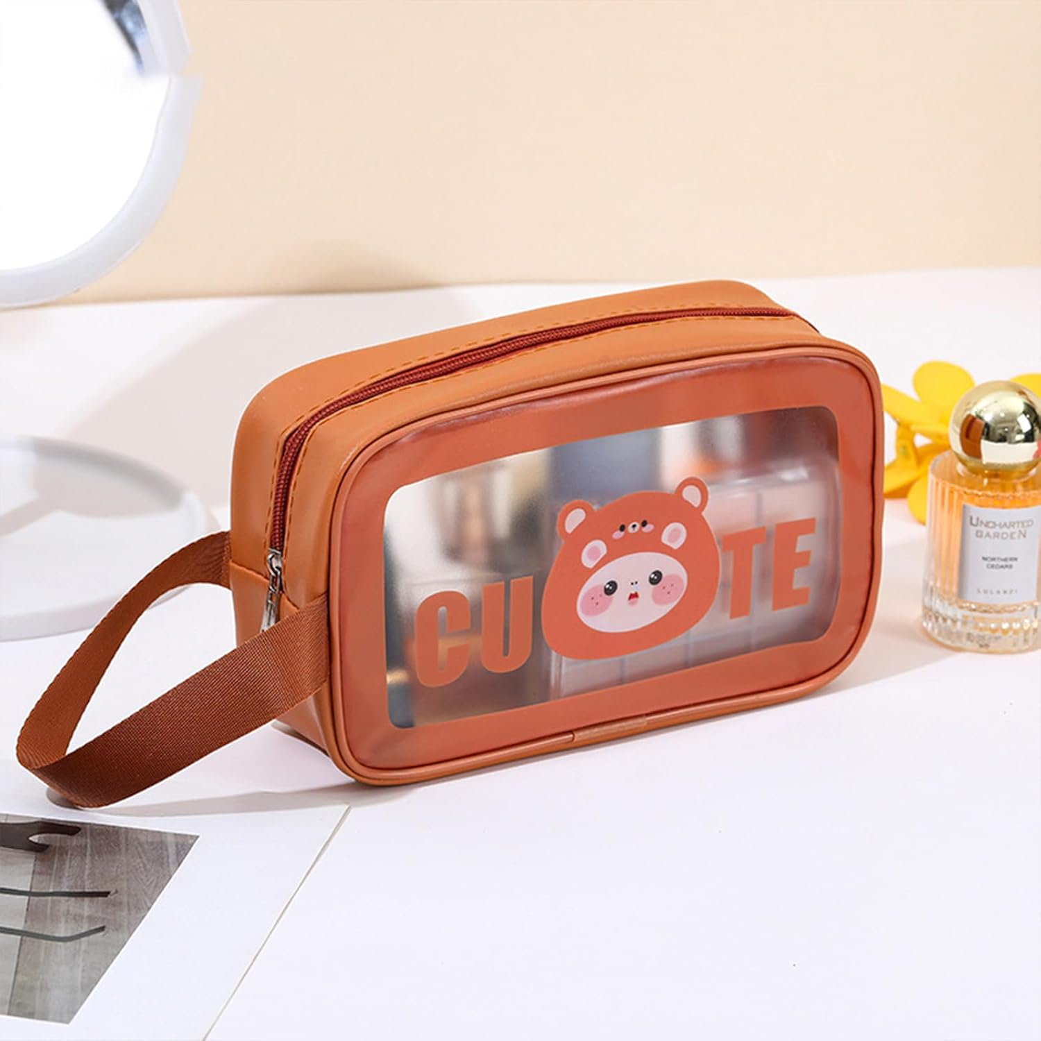 BSITSSS 2 PCS Clear Makeup Bags, Cute Cosmetic Bag with Zippers, Portable Waterproof Clear Toiletry Bags Small Make up Bag for Handbag Women Travelling and Holiday, Black&Coffee, Clear Makeup Bag image number 4