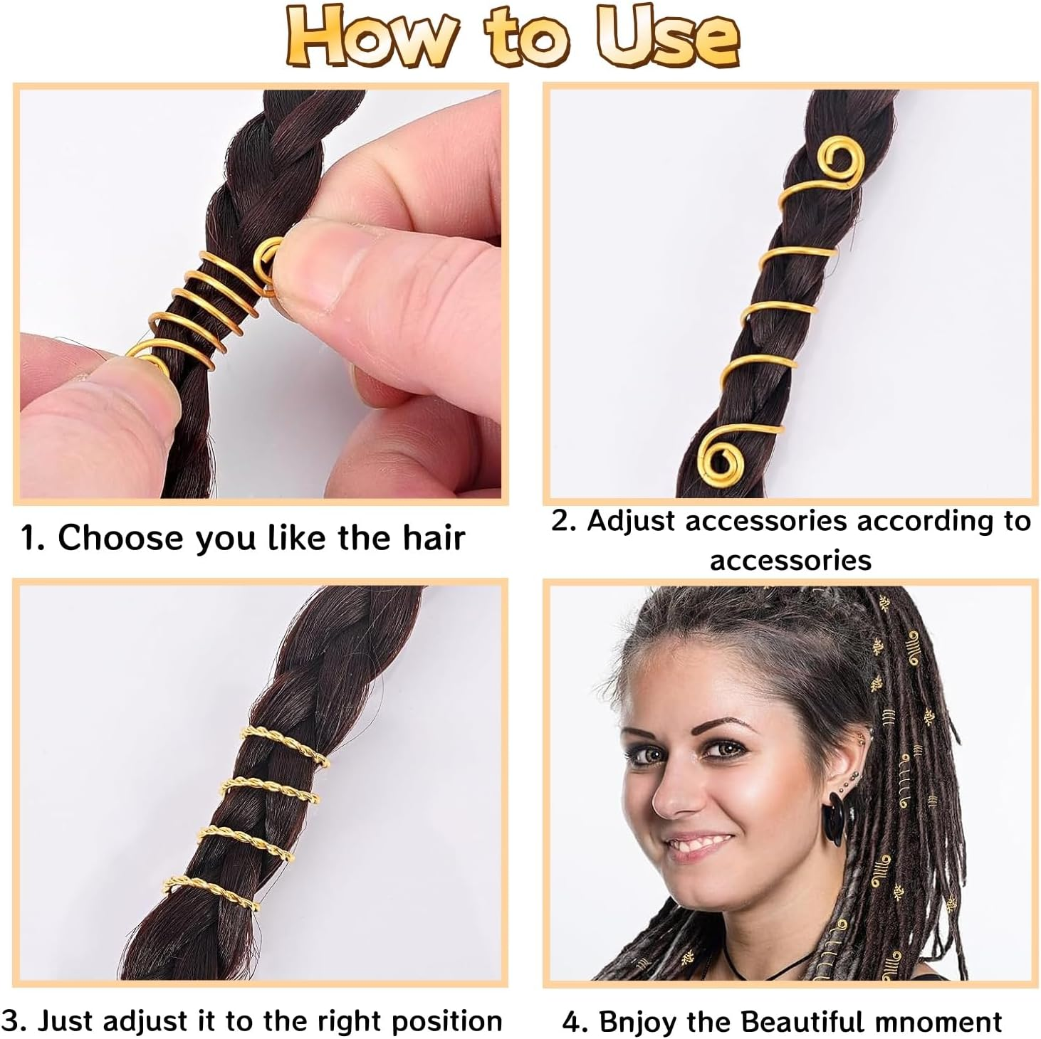 220 Pcs Gold Dreadlock Beads and Hair Cuffs Set, Decorative Hair Accessories Kit with Spiral Coils and Braiding Rings image number 3