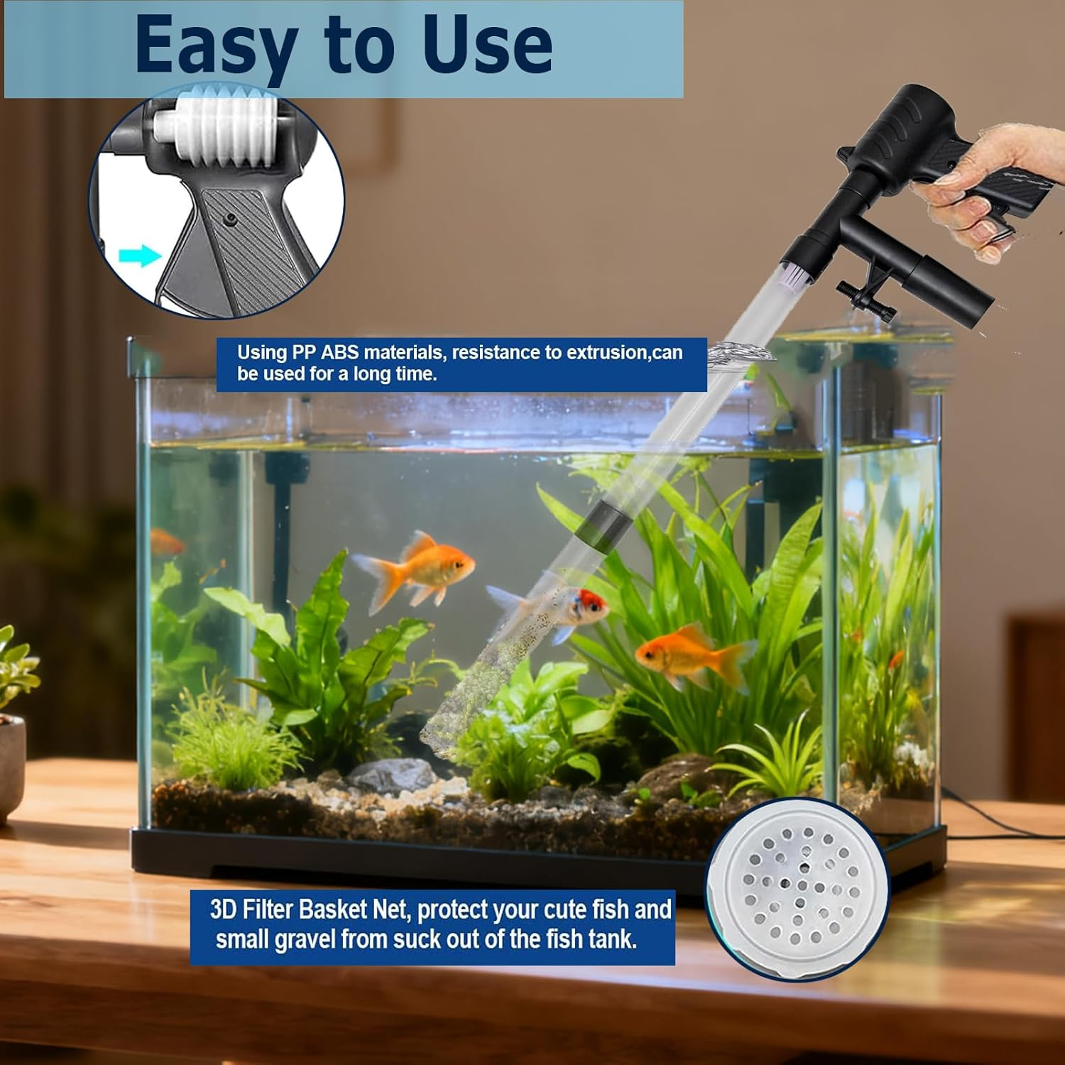 Fish Tank Vacuum Gravel Cleaner,Aquarium Water Changer with Air Push Button,Fish Tank Cleaner Kit with Sponge Brush Algae Scraper,Fish Net Use for Fish Tank Cleaning Gravel and Sand image number 4