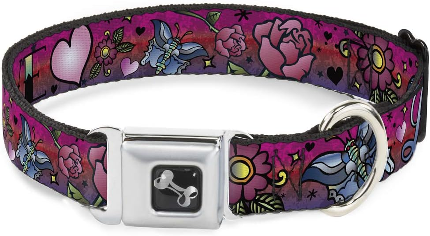 Buckle-Down Seatbelt Buckle Dog Collar - Love Love Purple - 1.5" Wide - Fits 18-32" Neck - Large