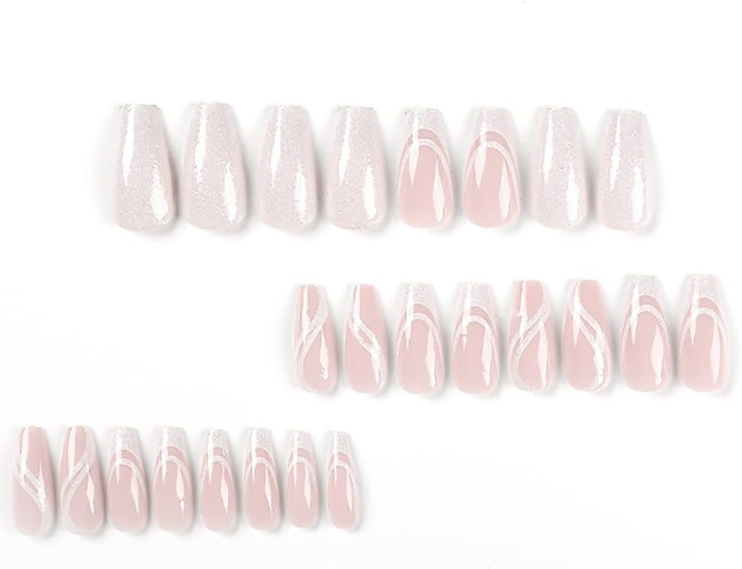 Pack of 24 White Nails for Sticking, Long, Coffin Glitter French Artificial Nails, Ballerina False Nails, Press on Nails, Acrylic Fingernails, Fake Nails Long for Women image number 3