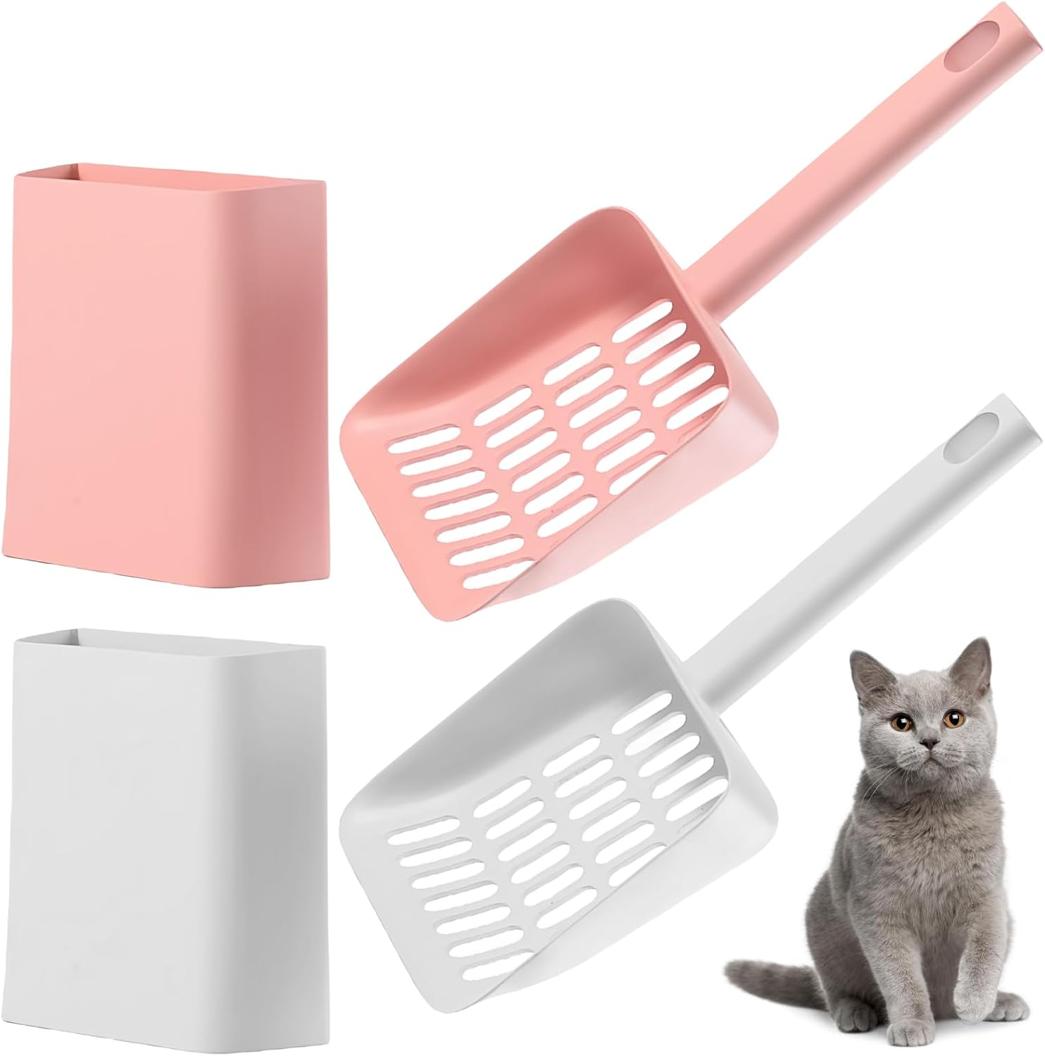 Nizirioo Cat Litter Scoop, Cat Litter Scoop, Cat Litter Scoop with Holder, Cleaning Tool, Cat Scoop, Plastic Cat Litter Spoon for Pets, Cats, Dogs (Pink White) image number 1