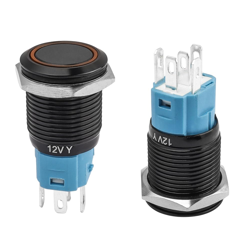 Yakamoz 2Pcs 16Mm Waterproof Latching Push Button Switches, 12V Self-Locking Button on off with Sockets Yellow LED Wiring Harness for Automotive, Marine, Industrial Machinery and DIY.