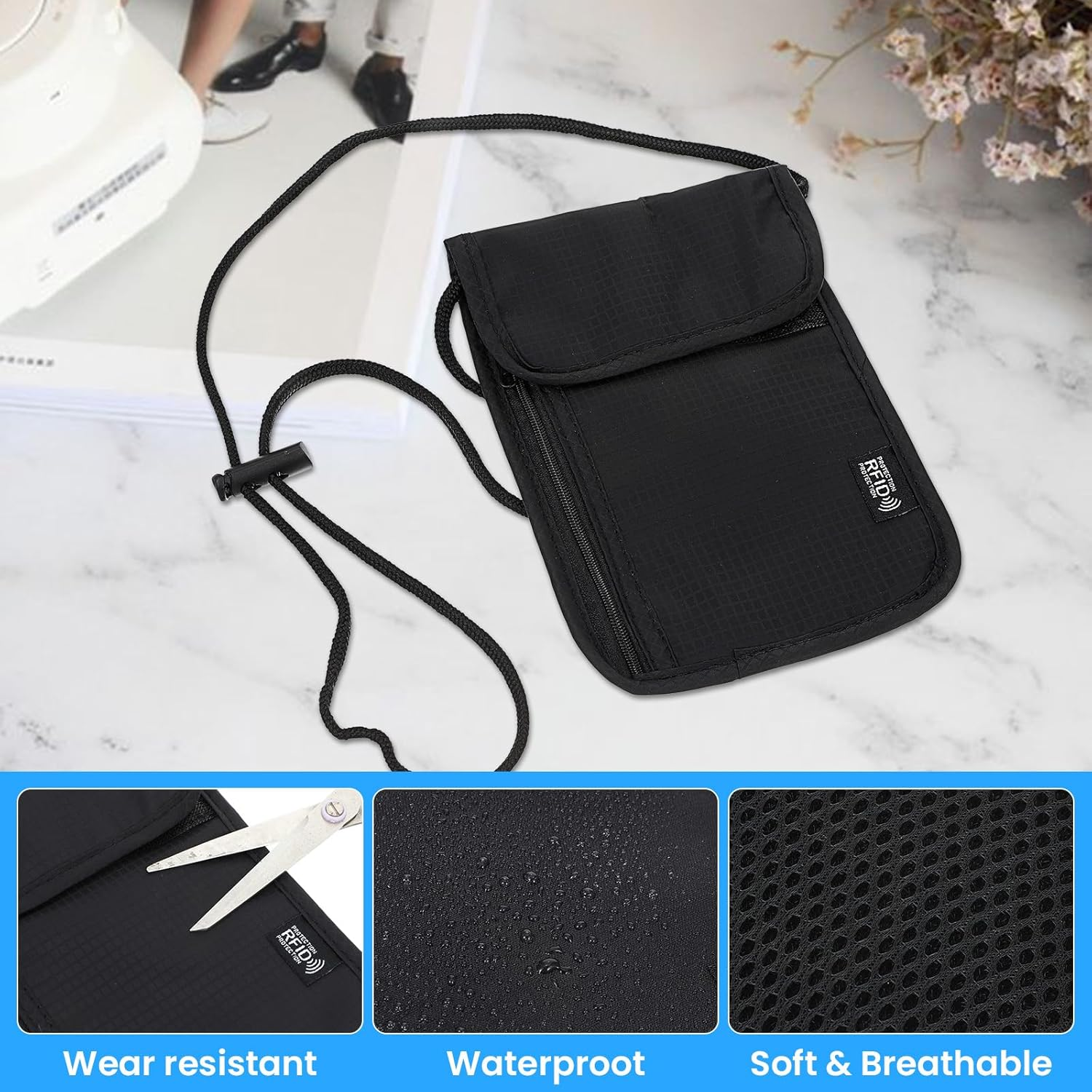 Hpmjz Neck Pouch with RFID Protection Anti-Theft Unisex Travel Purse Waterproof Shoulder Bag Soft Hidden Chest Pocket for Passport Credit Cards Smartphone Coins Documents Accessories image number 6