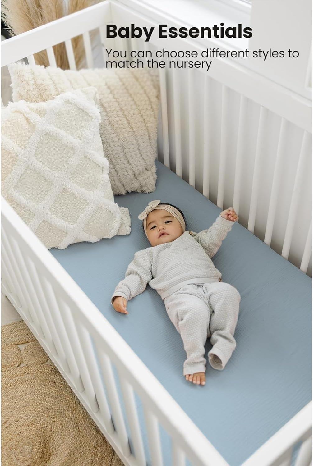 Muslin Crib Sheets 2-Pack for Boys &ndash; 52"X28" Soft Breathable Cotton Fitted Sheets for Standard Crib Mattress, Neutral Baby Bedding with Star & Moon Design (Blue) image number 4