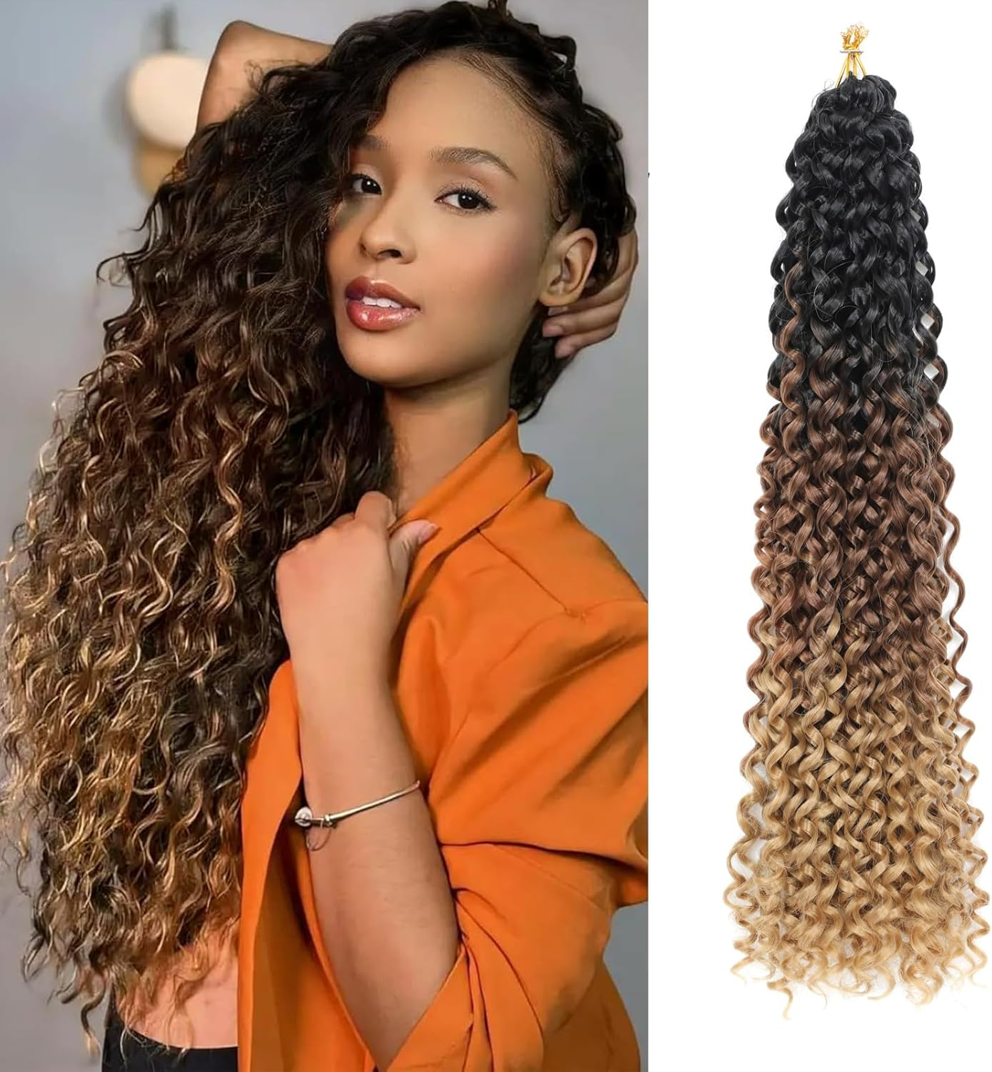 8 Packs Gogo Curl Crochet Hair 18 Inch Long Curly Crochet Hair for Women Beach Curl Water Wave Deep Twist Crochet Braids Synthetic Braiding Hair Extensions (T27/613#, 18 Inches (Pack of 8))