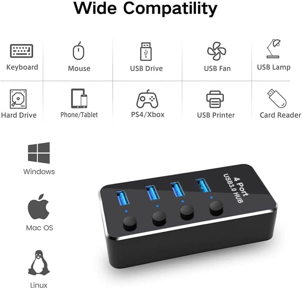 Powered USB Hub, TEKERA 4 Port USB 3.0 Hub Splitter Portable Aluminum USB Data Hub Expander with Individual On/Off Switch and Universal 5V AC Adapter, 3.3Ft USB 3.0 Cable