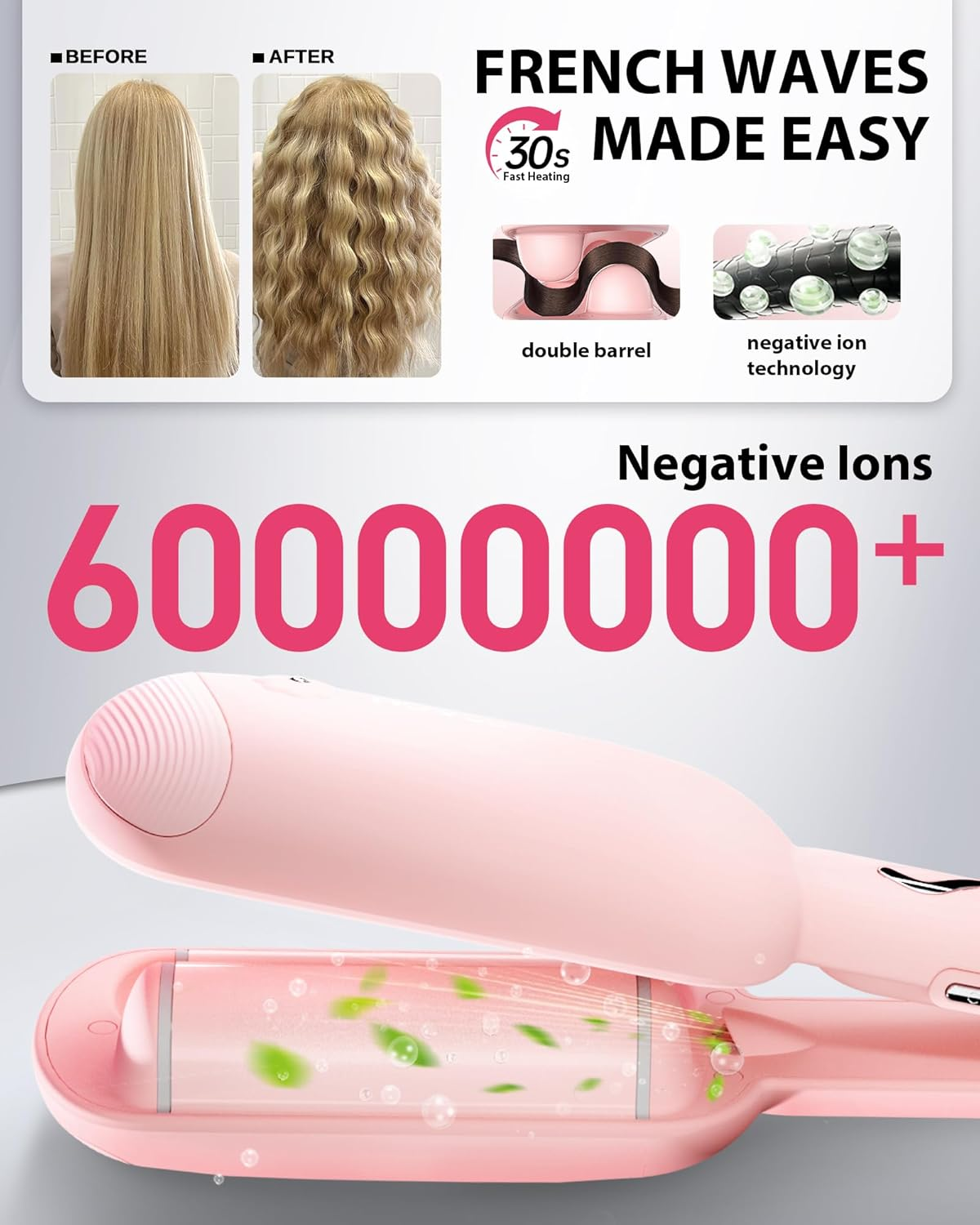 NOVUS Waver Curling Iron, Beach Waves Curling Wand, Ionic Hair Waver with Anti-Scald Hair Crimper, Easy to Use, 2 Barrel Hair Crimper for All Hair Types Women, Pink, 1.25 Inch image number 6