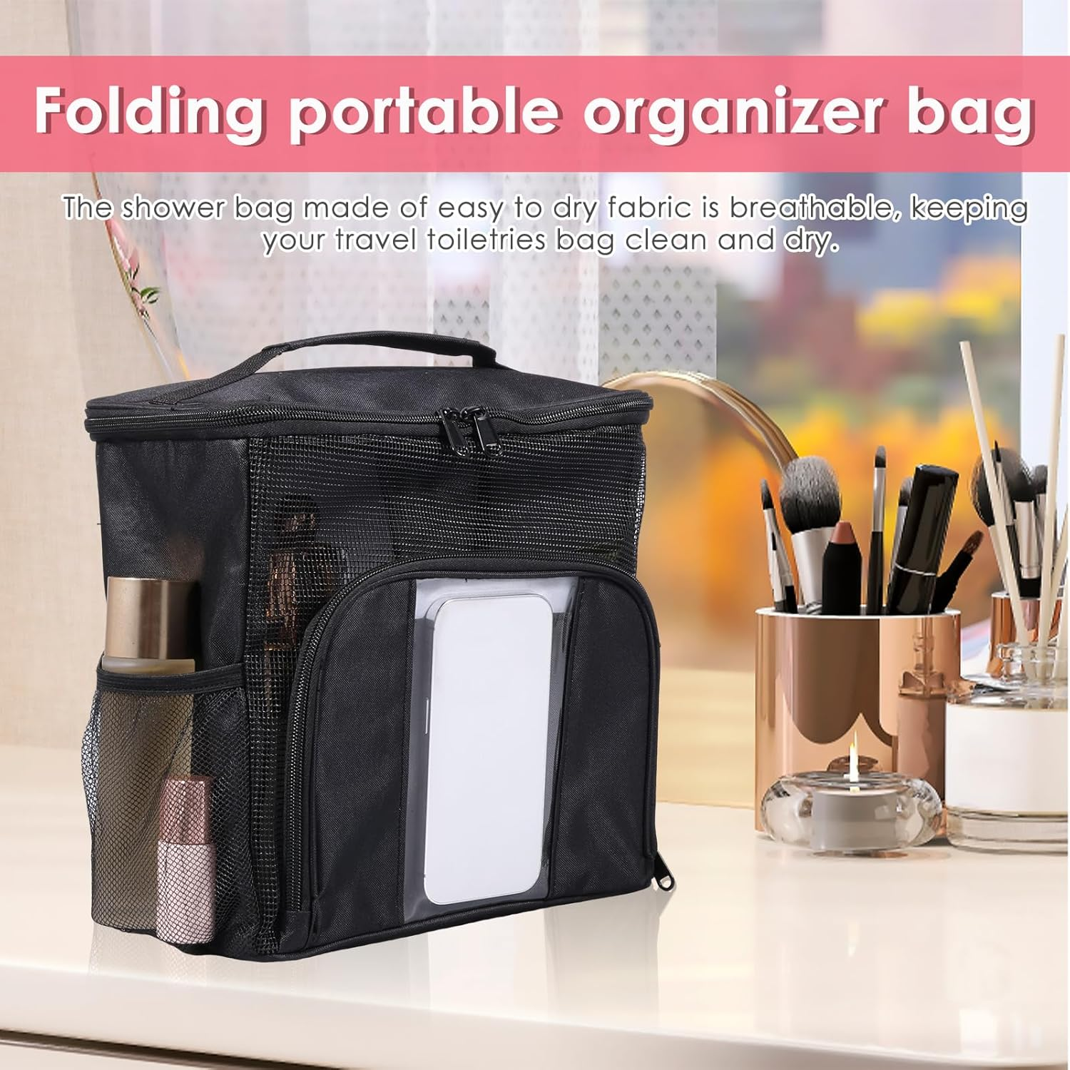 Awobepl Hanging Travel Toiletry Bag, Waterproof Oxford Fabric Toiletry Organizer, Portable Breathable Makeup Bag for Bathroom Camping Trip (Black) - Black image number 6