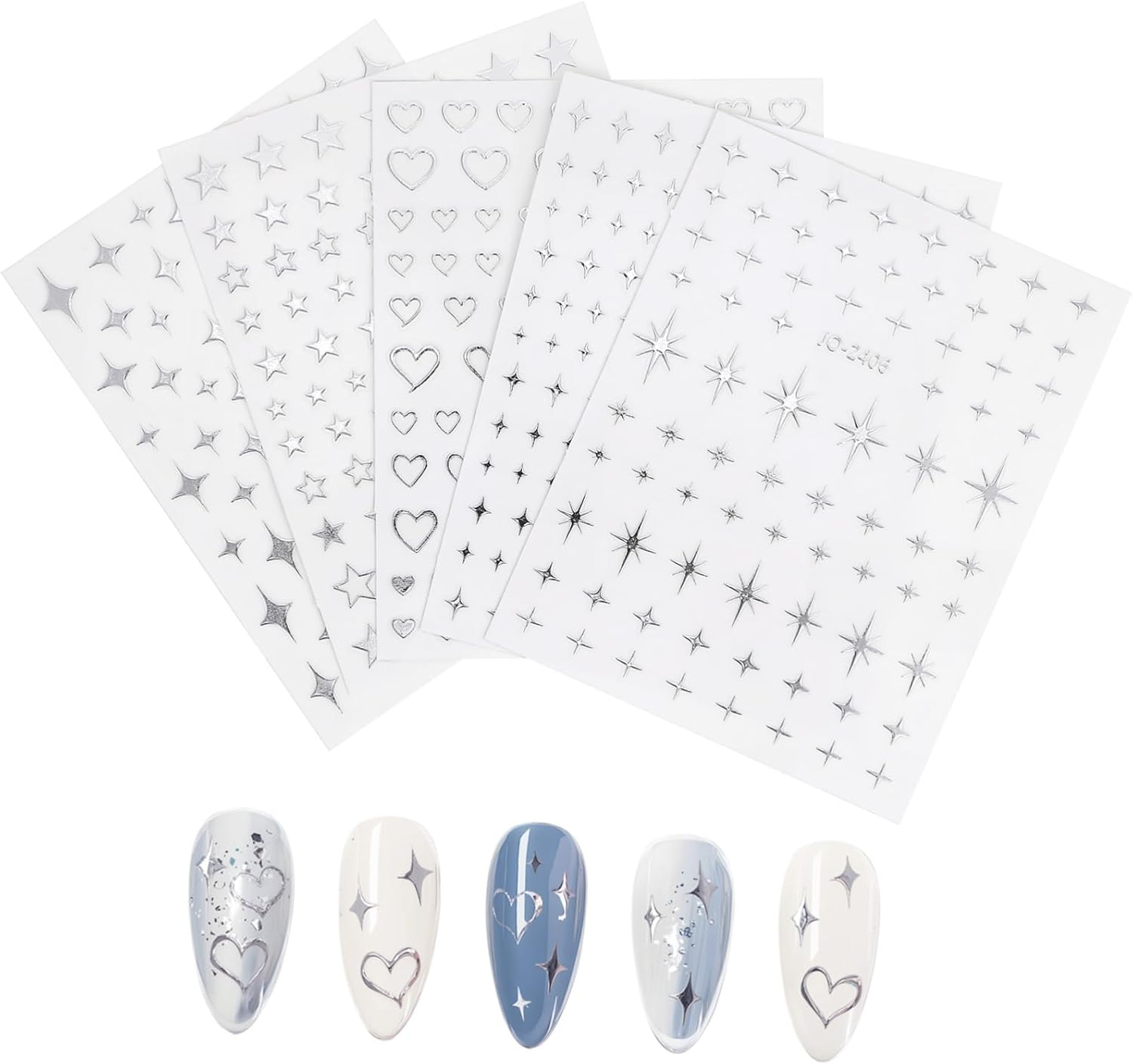 SHERCHPRY 5Sheets Star Heart Nail Art Stickers Self Adhesive Decals for Women Sparkle Design Nail Decorations Featuring Stars and Hearts for Manicure Art image number 1