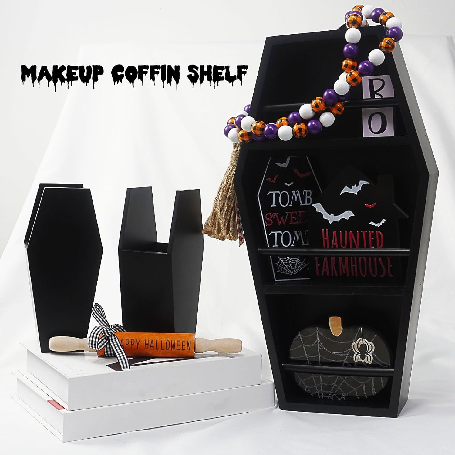 16In Makeup Coffin Shelf with 2 Coffin Brush Holder, Wooden Goth Decor for Display, Makeup Organizer Spooky Coffin Gothic Decor for Lipstick, Nail Polish or Makeup Brushes /34 image number 2