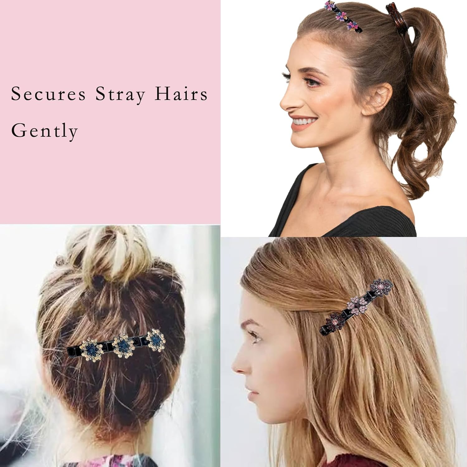 Sparkling Crystal Stone Braided Hair Clips, 2024 New Women'S Shiny Rhinestone Duckbill Clips for Ladies and Girls(2Pcs) (Colourful) image number 1