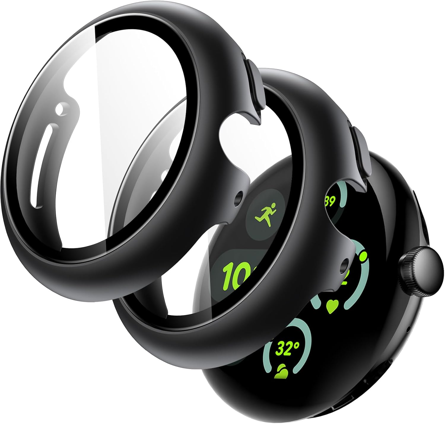 Jetech Case with Screen Protector for Google Pixel Watch 3/2/1 41Mm, Built-In 9H Tempered Glass Film Hard PC Bumper Full Coverage Protective Cover, 2-Pack (Black/Black)