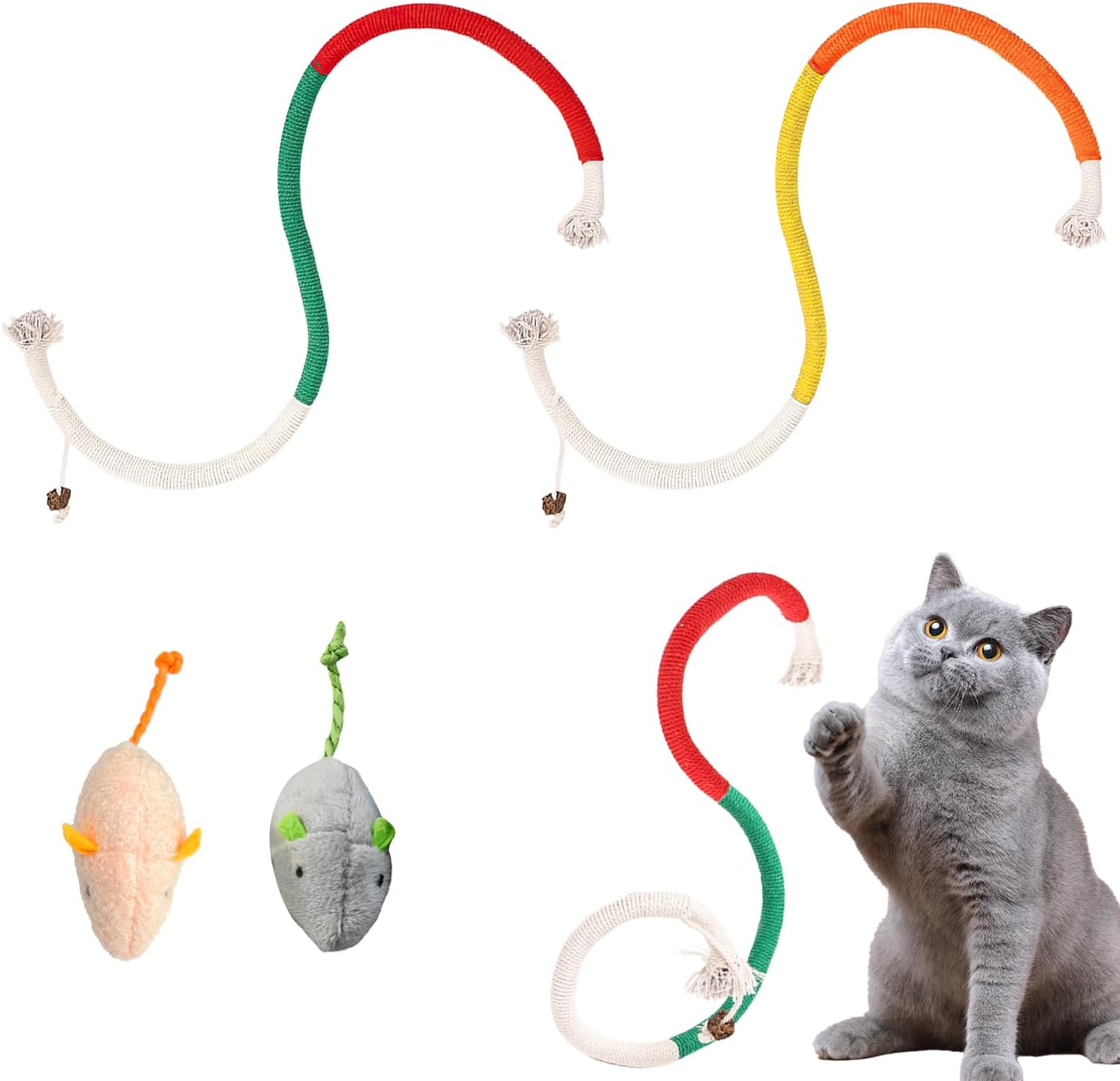 RUGBOL 4 Pcs Cat Toys, Bite Rope Catnip Toy Catnip Toy Mouse Kitten Toys Interactive Cat Toys for Indoor Cats Kitten for Boredom and Exercise (Red+Purple)